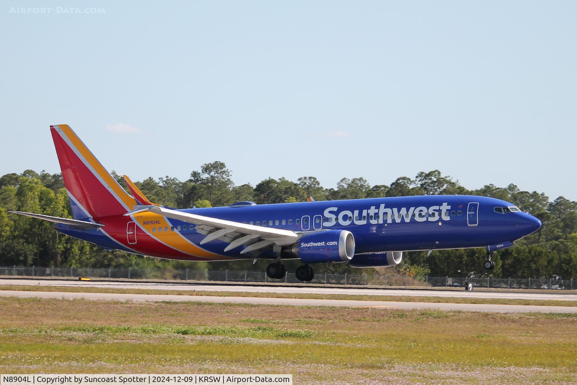 N8904L, 2023 Boeing 737 MAX 8 C/N 68117, Southwest Flight 3009 arrives on Runway 24 at Southwest Florida International Airport following flight from Hartsfield-Jackson Atlanta International Airport