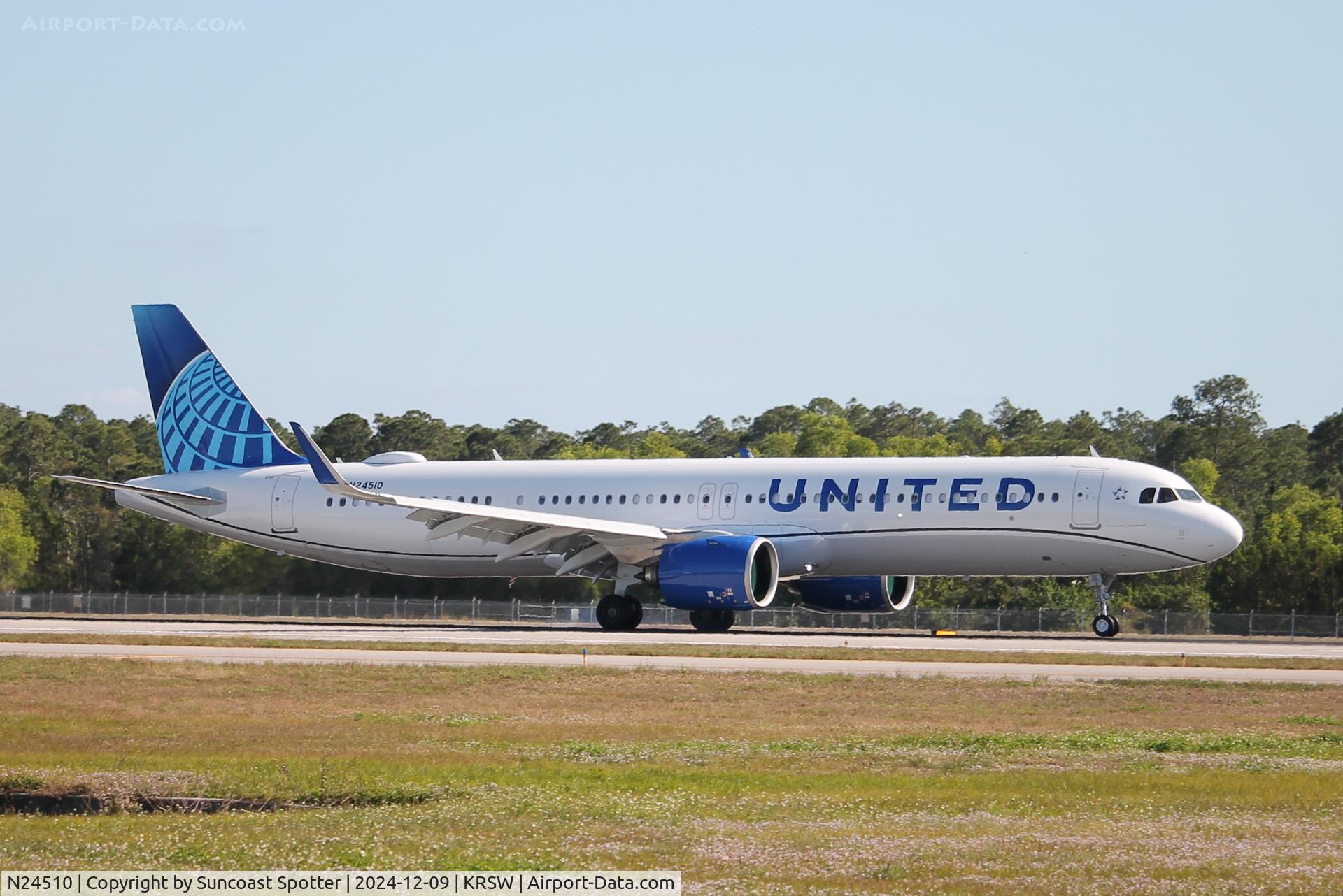 N24510, 2024 Airbus A321-271NX C/N 11814, United Flight 335 arrives on Runway 24 at Southwest Florida International Airport following flight from Chicago-O'Hare International Airport