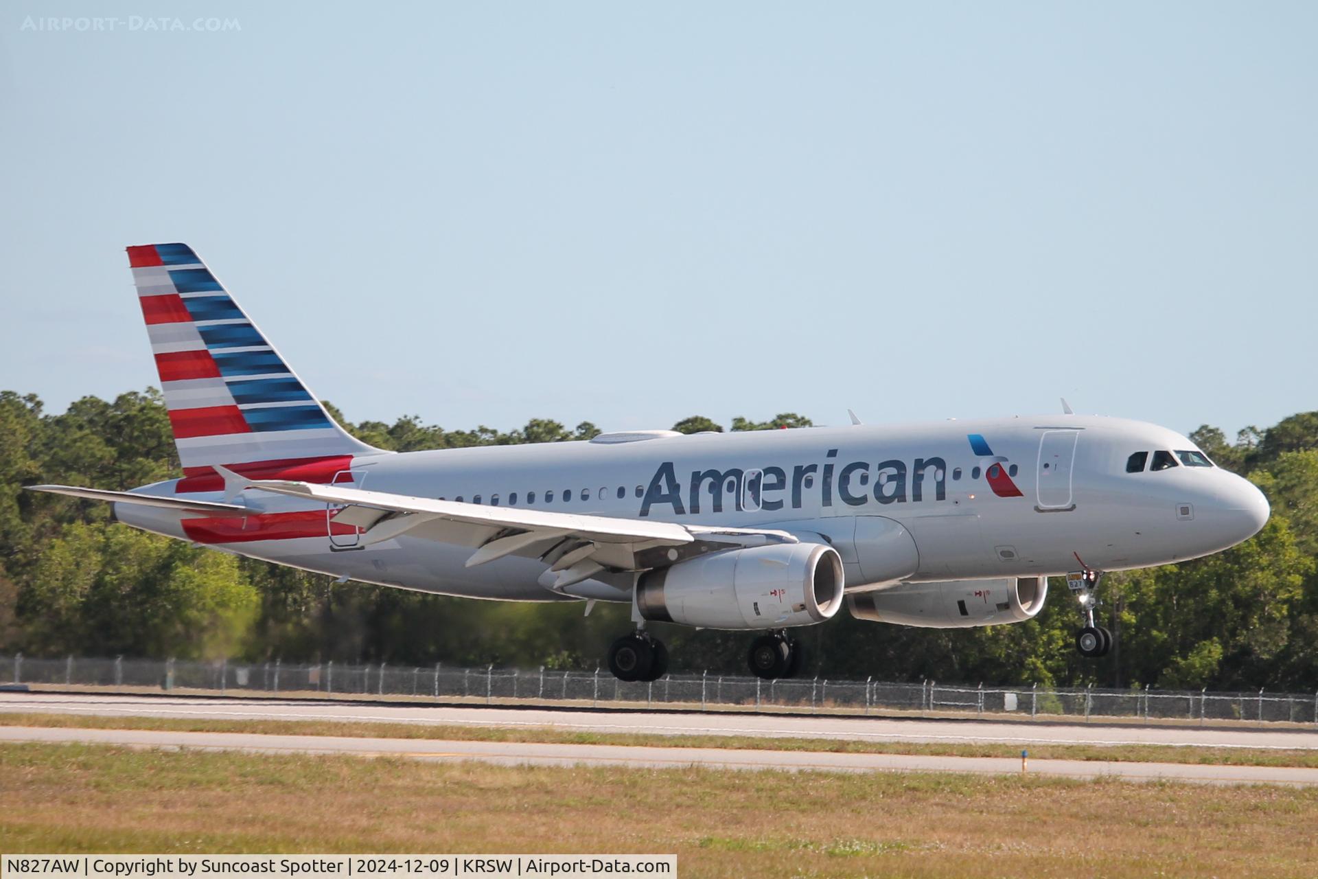 N827AW, 2001 Airbus A319-132 C/N 1547, American Flight 2444 arrives on Runway 24 at Southwest Florida International Airport following flight from Reagan National Airport