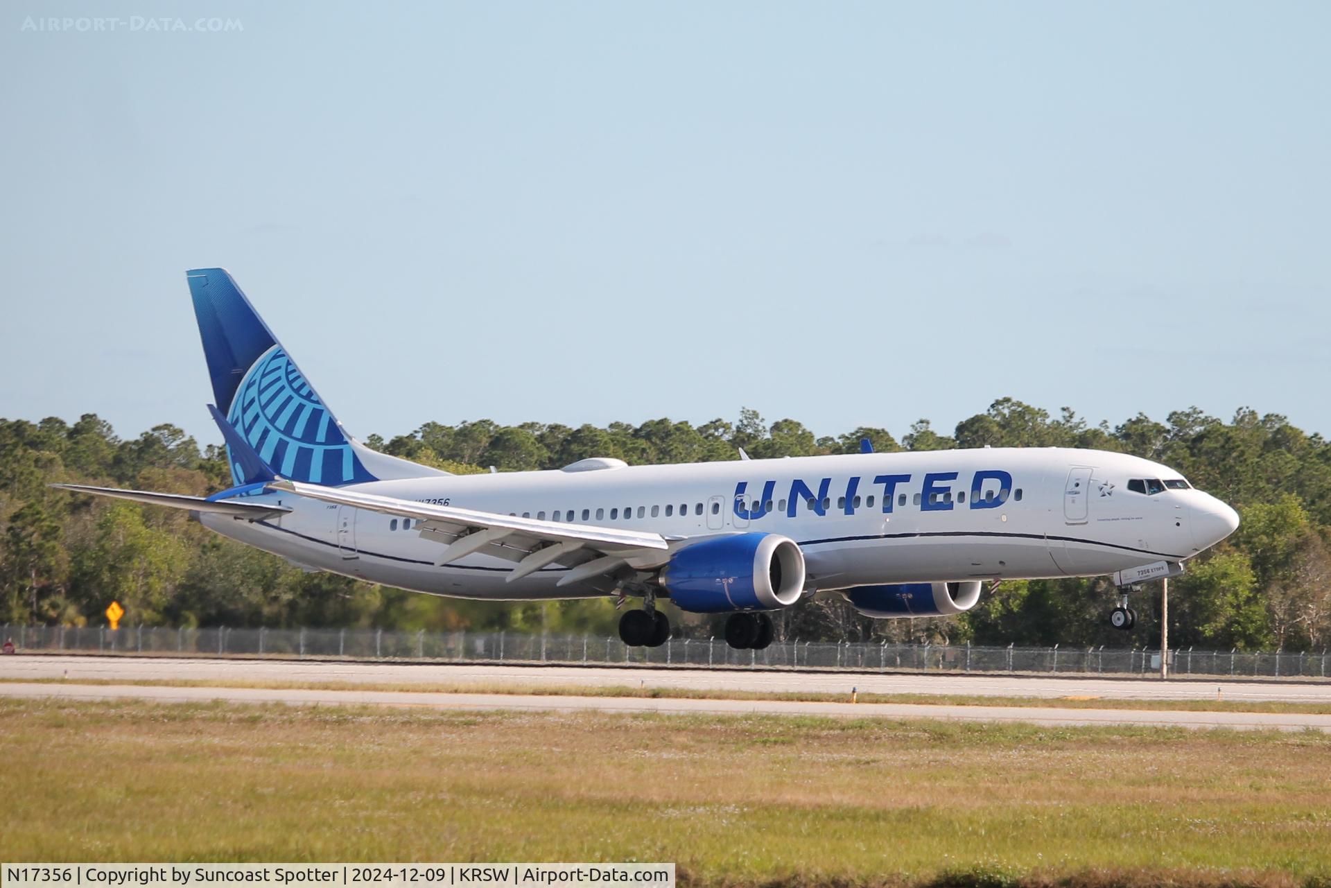 N17356, 2024 Boeing 737 MAX 8 C/N 67625, United Flight 2343 arrives on Runway 24 at Southwest Florida International Airport following flight from Newark-Liberty International Airport