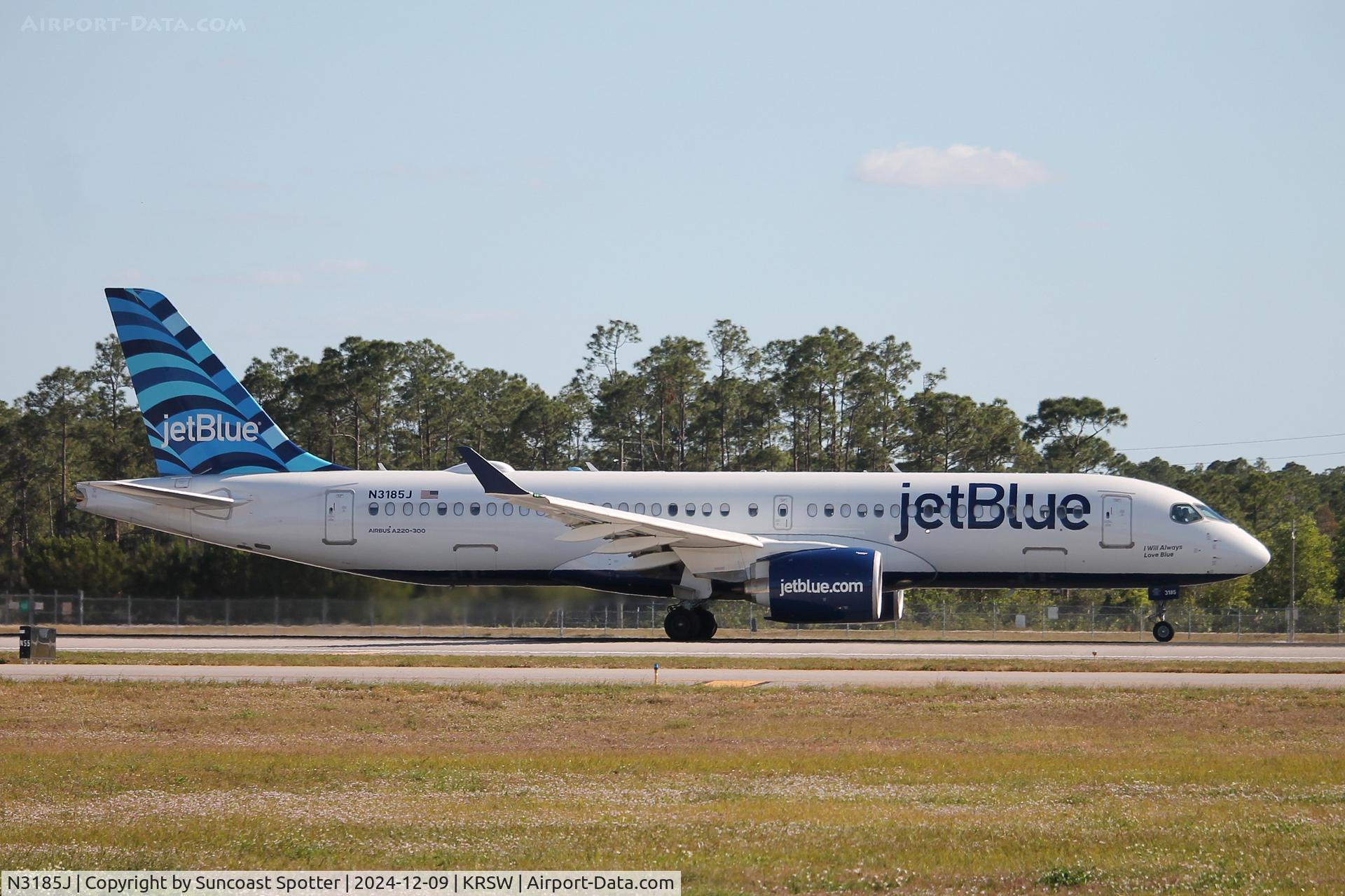 N3185J, 2024 Airbus A220-371 C/N 55268, JetBlue Flight 366 departs Runway 24 at Southwest Florida International Airport enroute to Boston-Logan International Airport