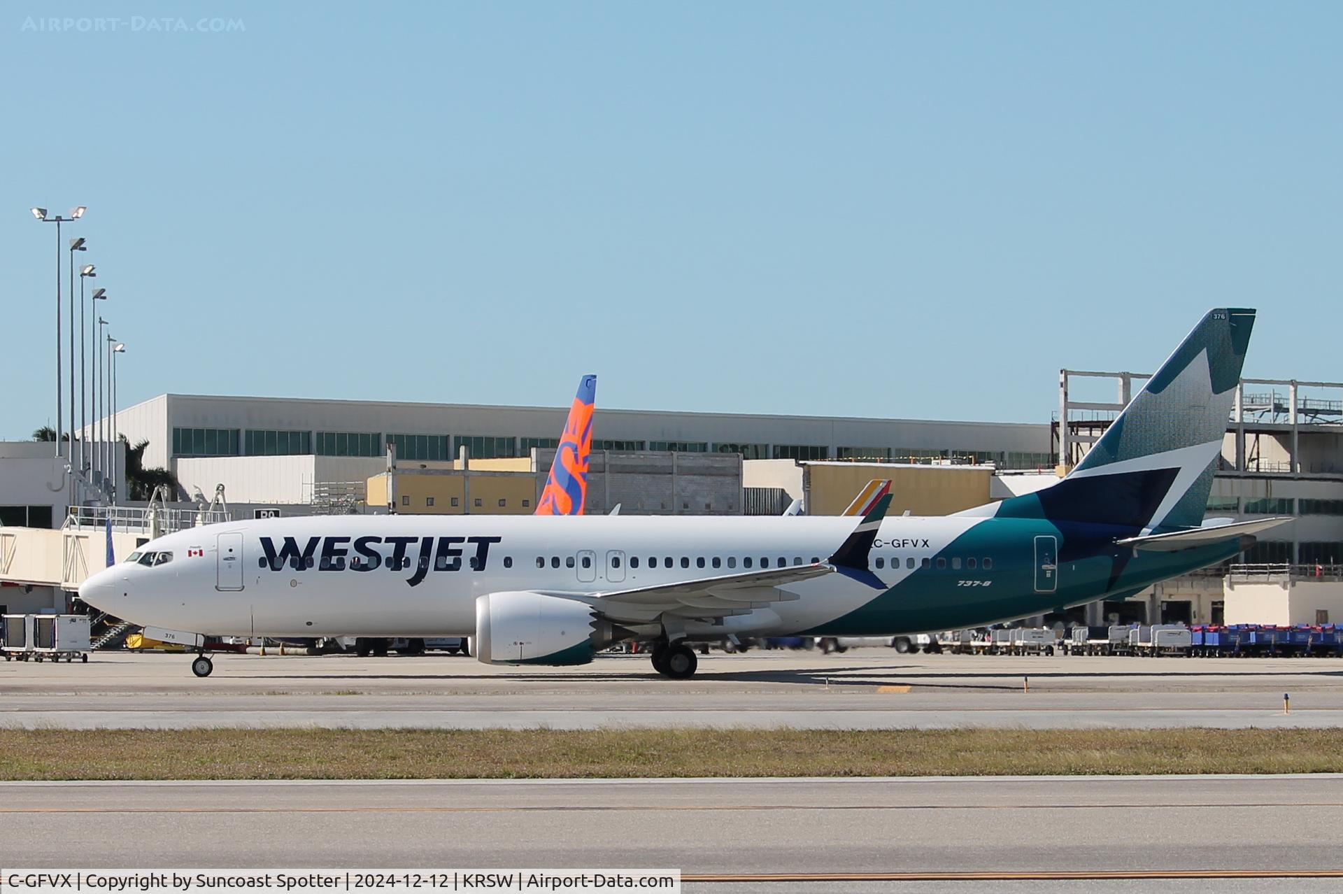 C-GFVX, 2020 Boeing 737 MAX 8 C/N 44314, WestJet Flight 1236 taxis to gate at Southwest Florida International Airport following flight from Toronto International Airport