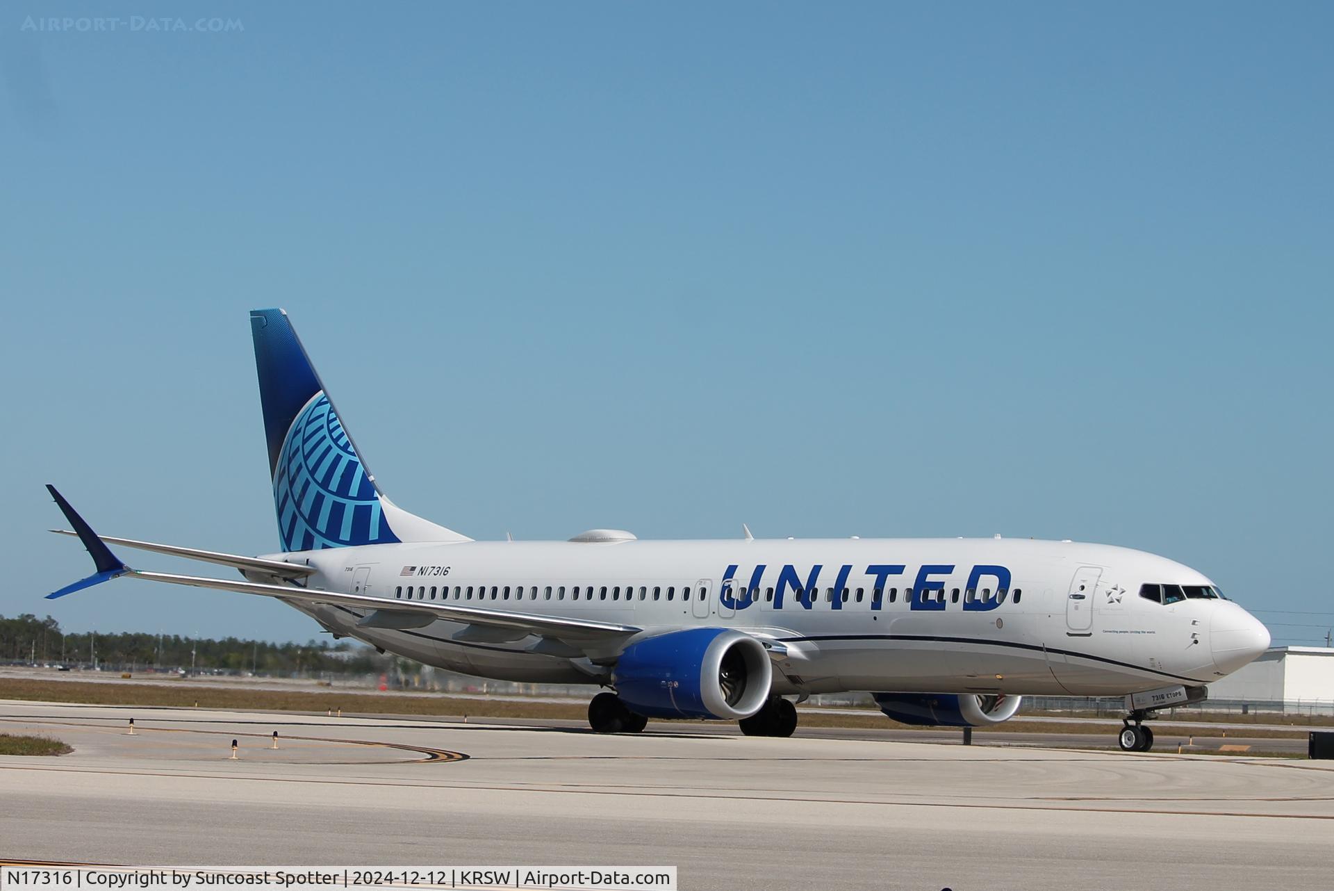 N17316, 2023 Boeing 737-8 MAX C/N 67596, United Flight 2337 taxis to gate at Southwest Florida International Airport following from Newark Liberty International Airport