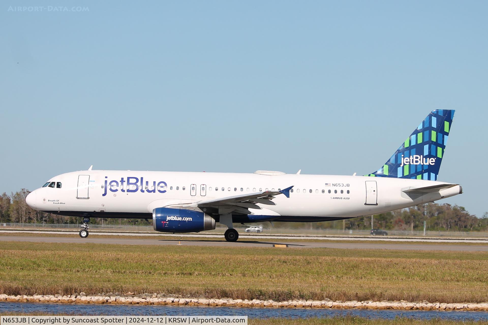 N653JB, 2007 Airbus A320-232 C/N 3039, JetBlue Flight 1892 taxis at Southwest Florida International Airport prior to flight to TF Green Airport