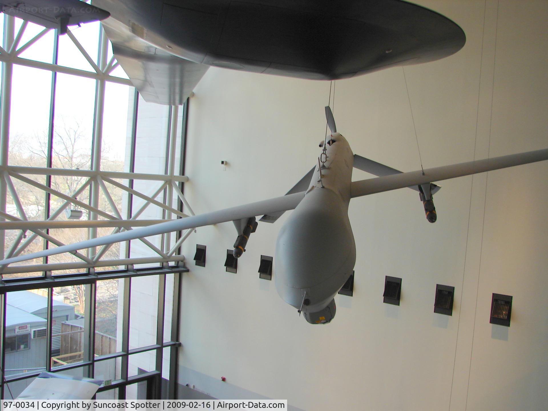 97-0034, 1997 Pioneer UAV RQ-2A C/N Not found 97-0034, United States Air Force General Atomics MQ-1L Predator A on display at the National Air and Space Museum in Washington DC.