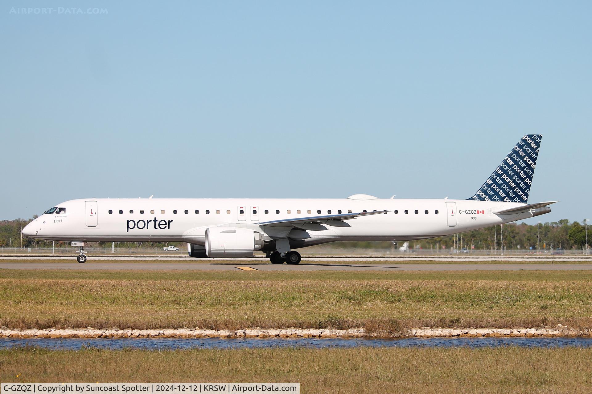 C-GZQZ, 2024 Embraer 195-E2 C/N 19020121, Porter Flight 534 taxis at Southwest Florida International Airport prior to flight to Ottawa/Macdonald–Cartier International Airport
