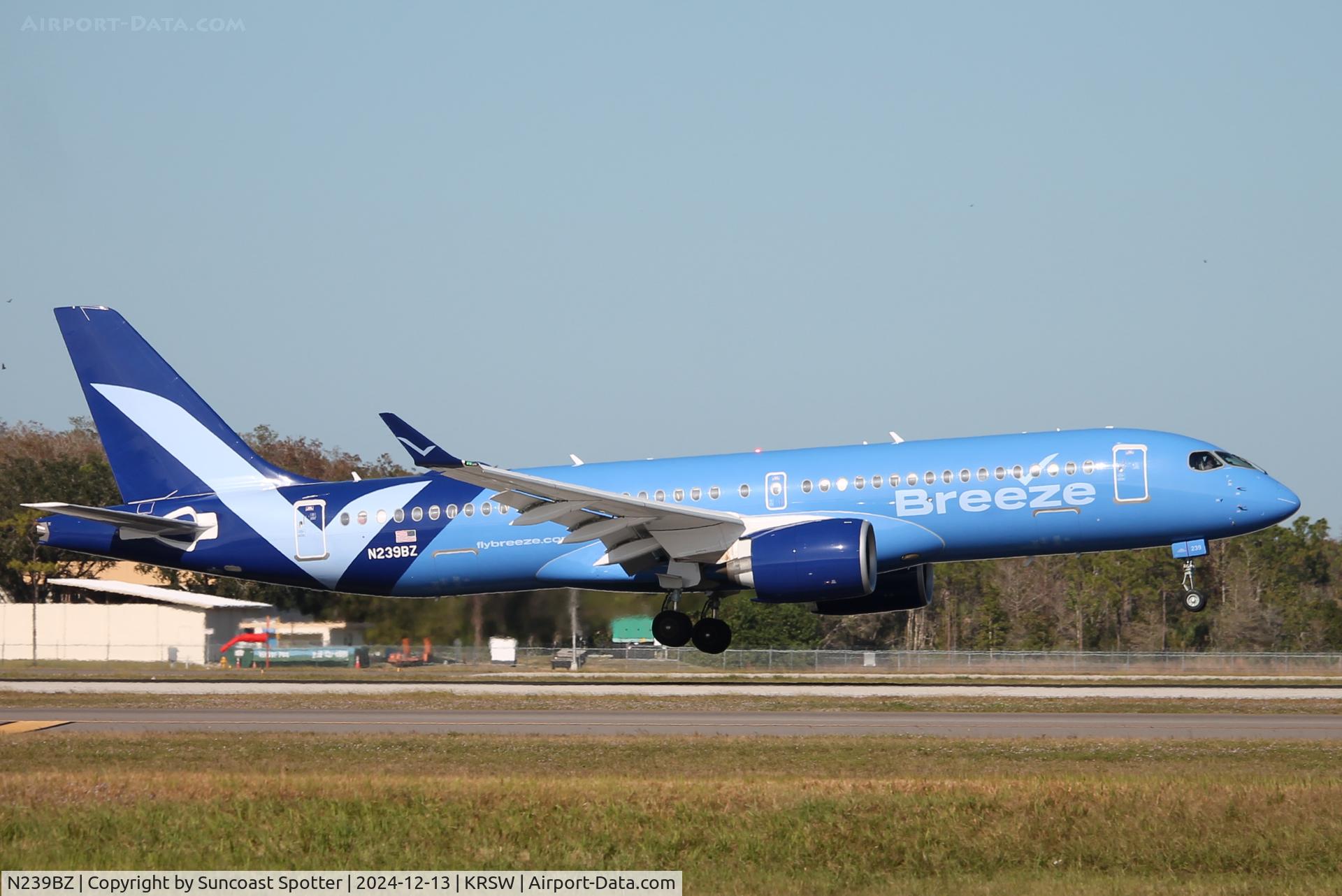 N239BZ, 2024 Airbus A220-371 C/N 55293, Breeze Flight 940 arrives on Runway 6 at Southwest Florida International Airport following flight from Tweed New Haven Airport