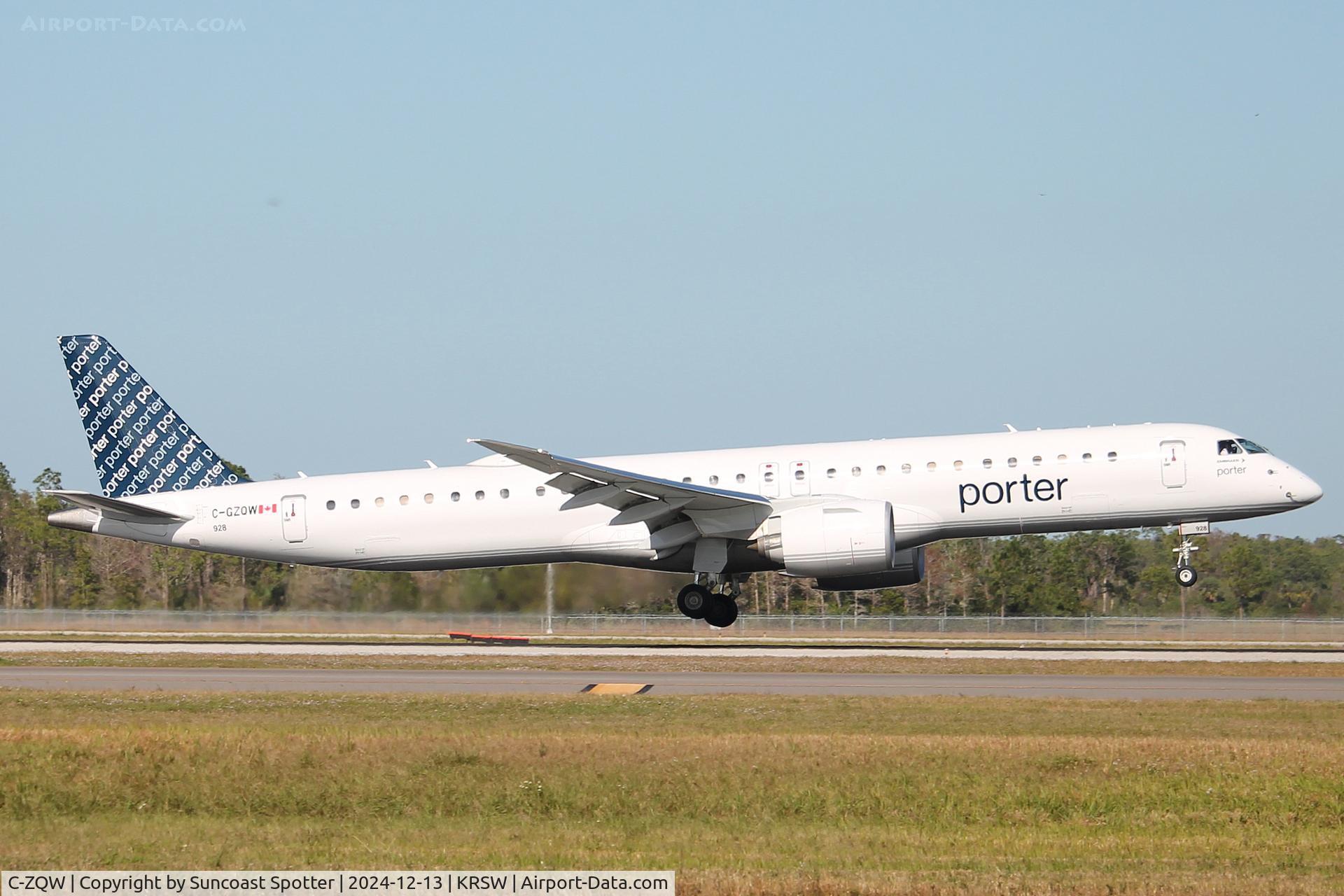 C-ZQW, 2023 Embraer 195-E2 C/N 19020114, Porter Flight 535 arrives on Runway 6 at Southwest Florida International Airport following flight from Toronto-Pearson International Airport