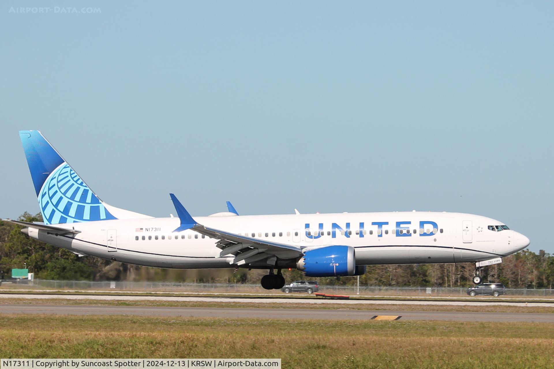 N17311, 2023 Boeing 737 MAX 8 C/N 67567, United Flight 2337 arrives on Runway 6 at Southwest Florida International Airport following flight from Newark-Liberty International Airport