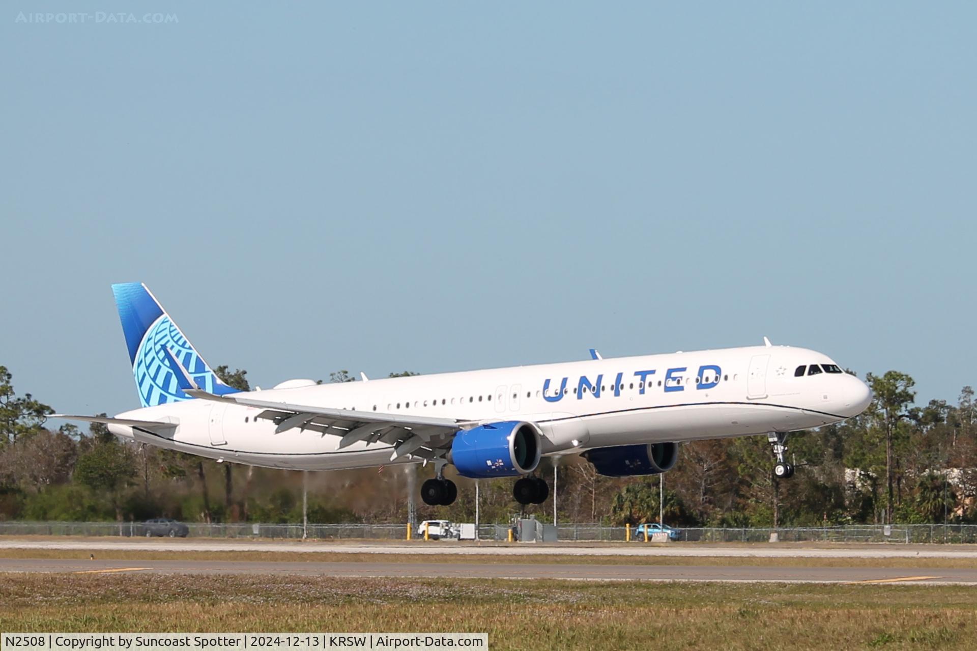 N2508, 2024 Airbus A321-271NX C/N 11706, United Flight 1740 arrives on Runway 6 at Southwest Florida International Airport following flight from Chicago-O’Hare International Airport