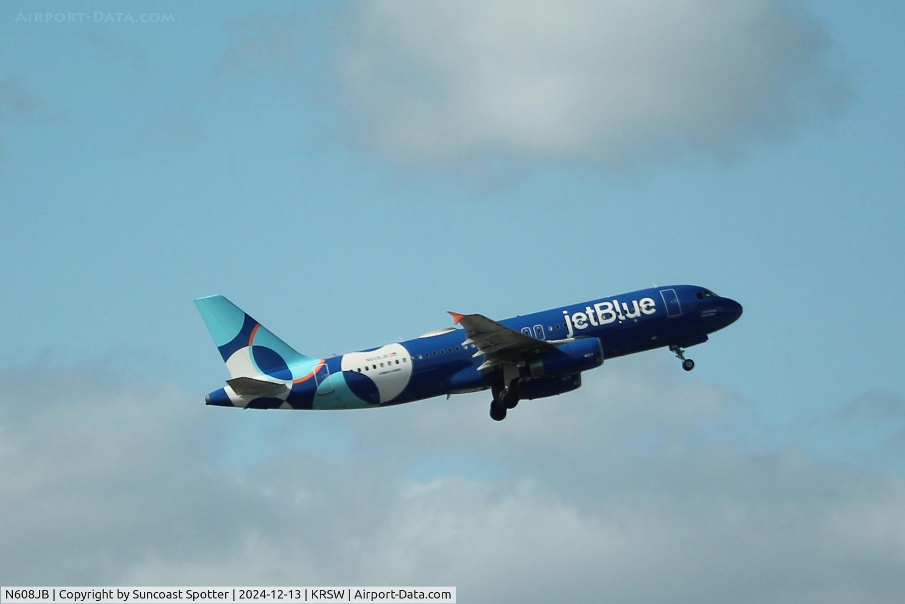 N608JB, 2005 Airbus A320-232 C/N 2415, JetBlue Flight 316 departs Runway 6 at Southwest Florida International Airport enroute to flight to Bradley International Airport