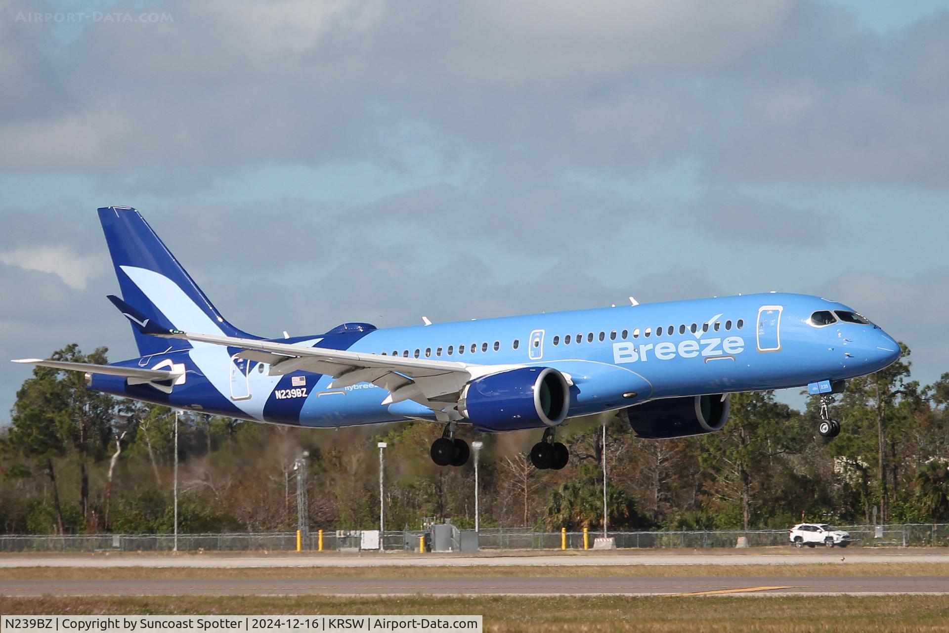 N239BZ, 2024 Airbus A220-371 C/N 55293, Breeze Flight 940 arrives on Runway 6 at Southwest Florida International Airport following flight from Tweed New Haven Airport