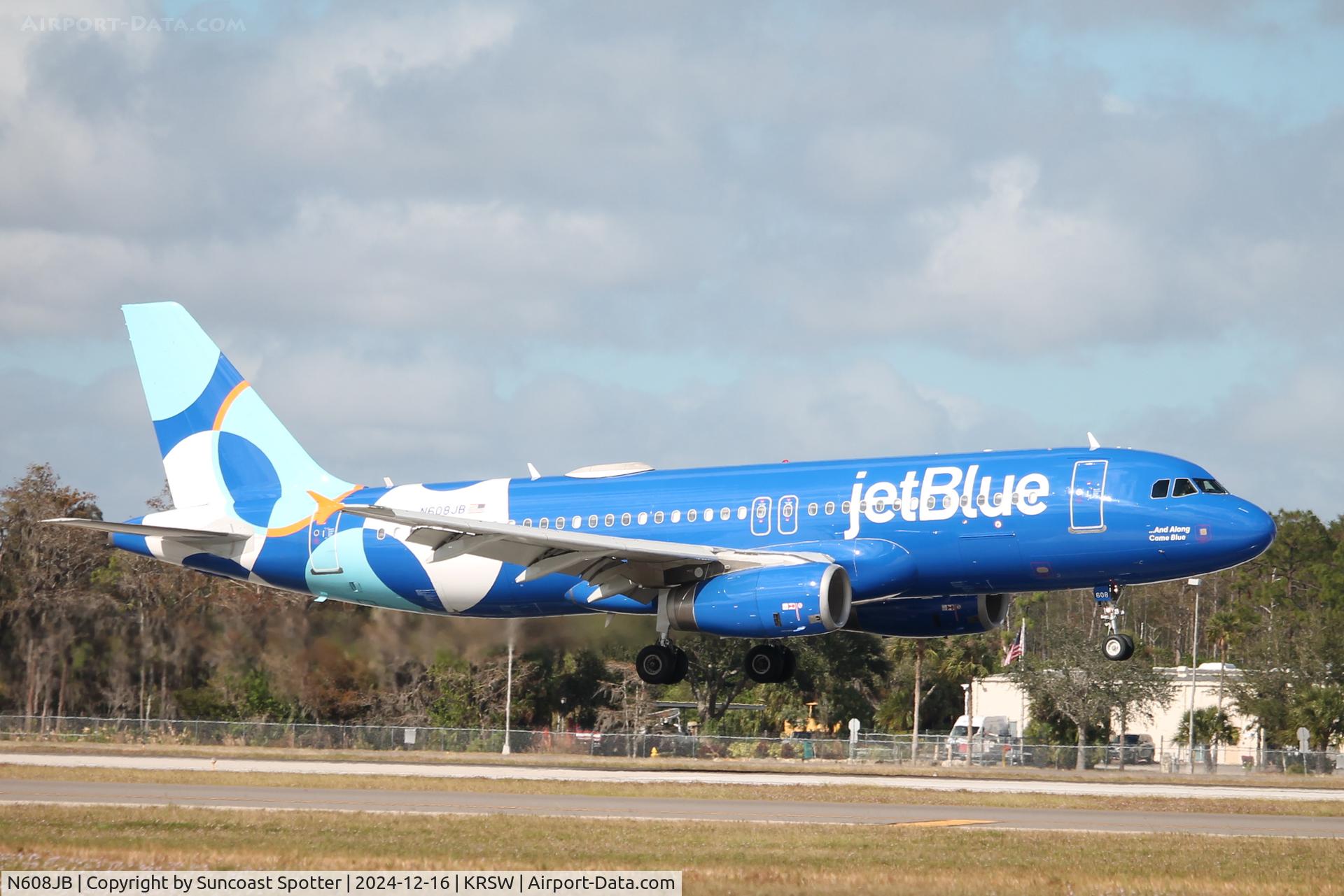 N608JB, 2005 Airbus A320-232 C/N 2415, JetBlue Flight 1529 arrives on Runway 6 at Southwest Florida International Airport following flight from John F Ken