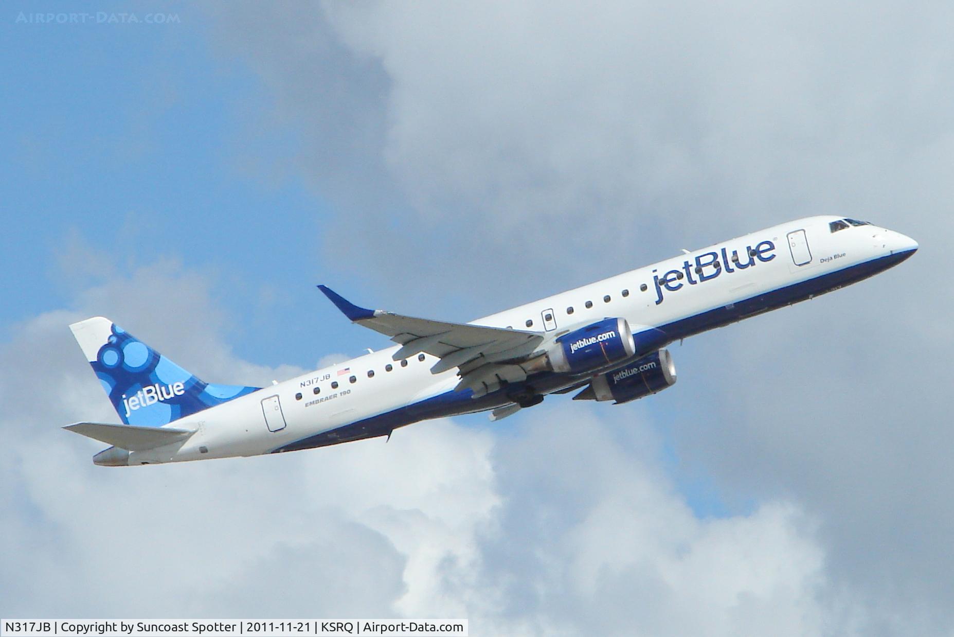N317JB, 2010 Embraer ERJ-190-100 IGW 190AR C/N 19000363, JetBlue Embraer 190 departing Runway 14 at Sarasota Bradenton International Airport