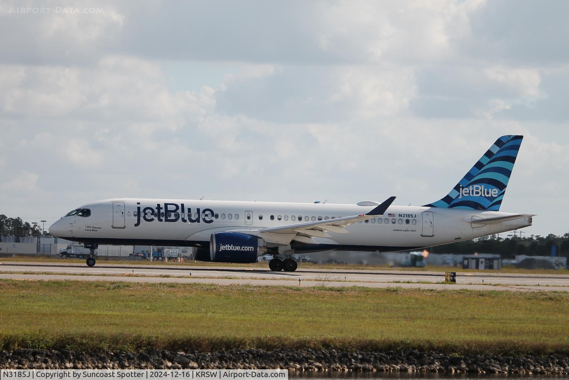 N3185J, 2024 Airbus A220-371 C/N 55268, JetBlue Flight 366 arrives on Runway 6 at Southwest Florida International Airport following flight from Boston-Logan International Airport