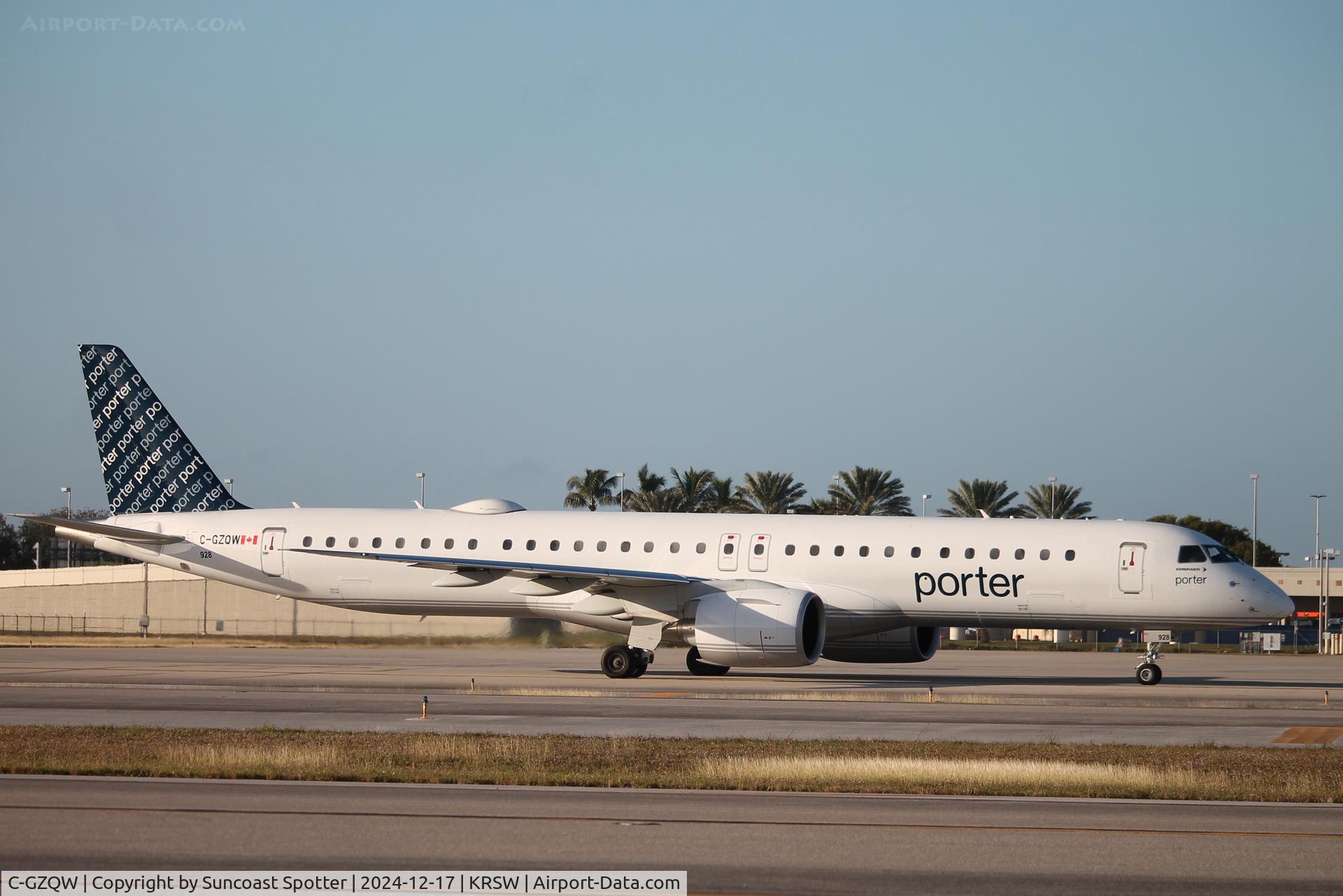 C-GZQW, 2023 Embraer E195-E2 C/N 19020114, Porter Flight 536 taxis at Southwest Florida International Airport prior to flight to Toronto-Pearson International Airport