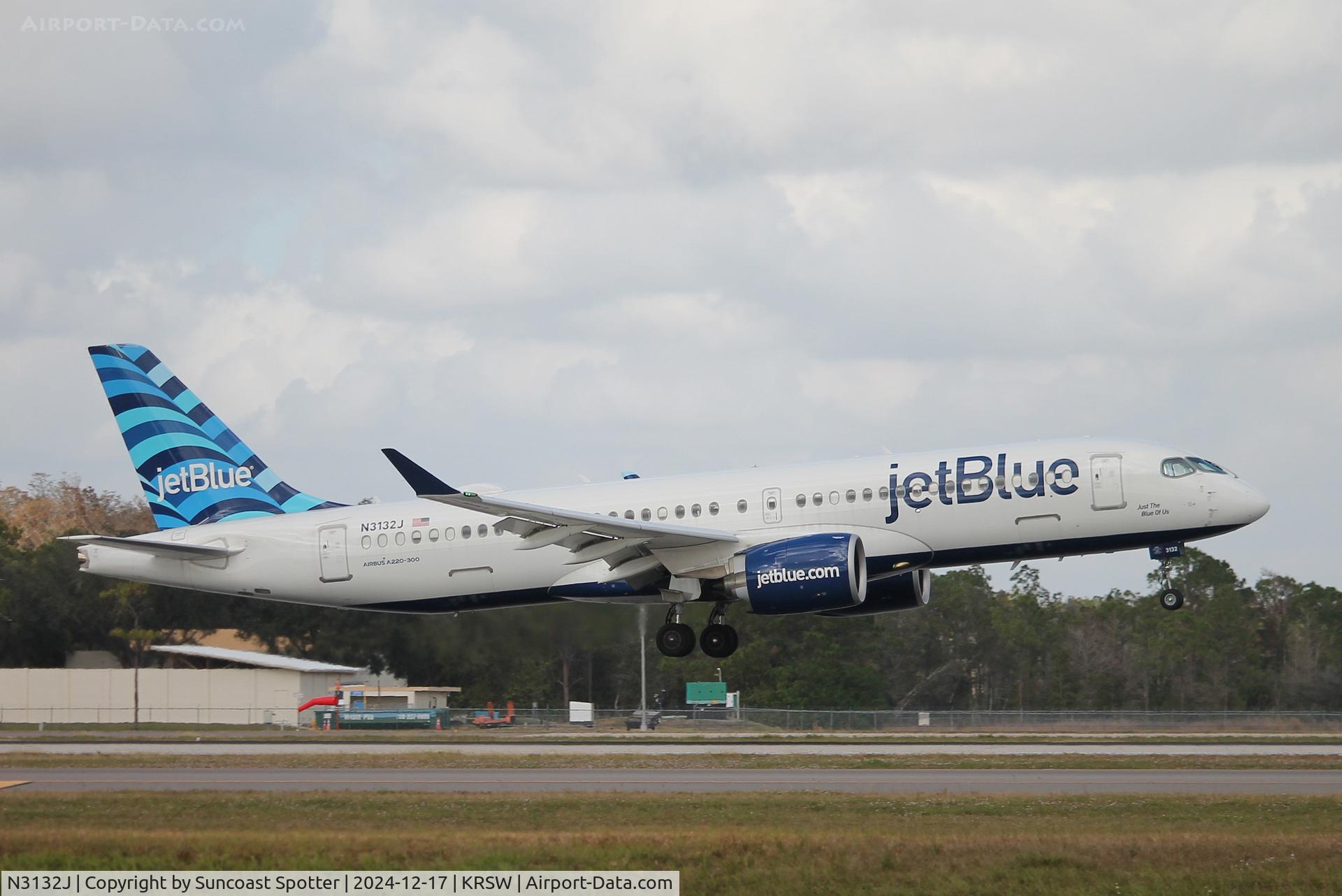N3132J, 2023 Airbus A220-371 C/N 55214, JetBlue Flight 1529 arrives on Runway 6 at Southwest Florida International Airport following flight from John F Kennedy International Airport