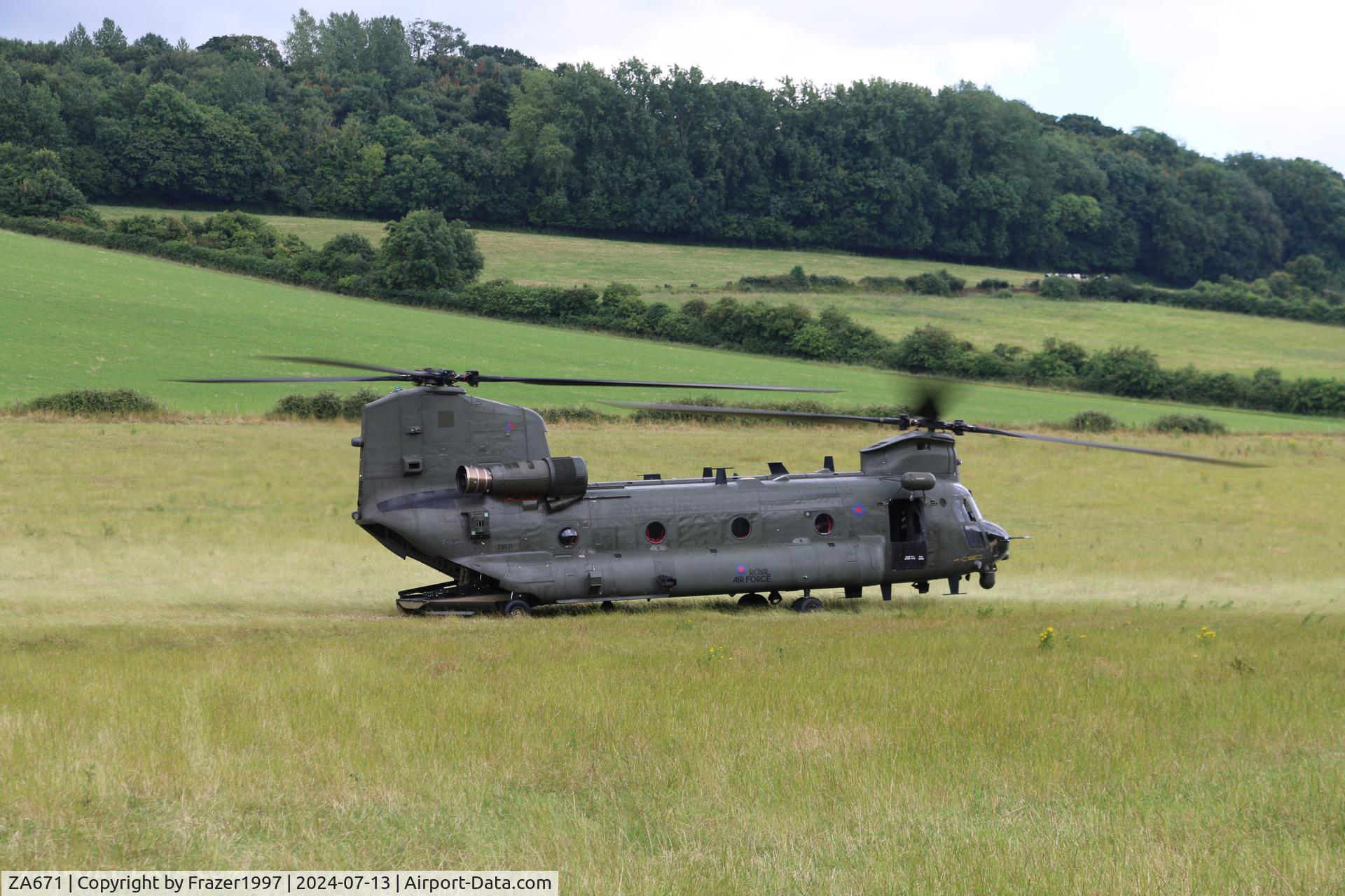 ZA671, 1980 Boeing Vertol Chinook HC.2 C/N M/A002/B-815/M7007, ZA671 Chinook HC6A of 7 sqn RAF Odiham parked in a field near Bere Regis, Dorset July 2024.
