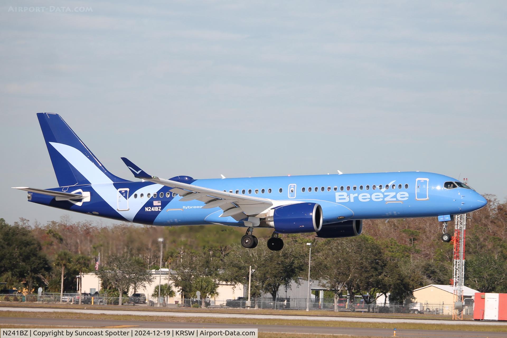 N241BZ, 2024 Airbus A220-371 C/N 55310, Breeze Flight 712 arrives on Runway 6 at Southwest Florida International Airport following flight from TF Green International Airport
