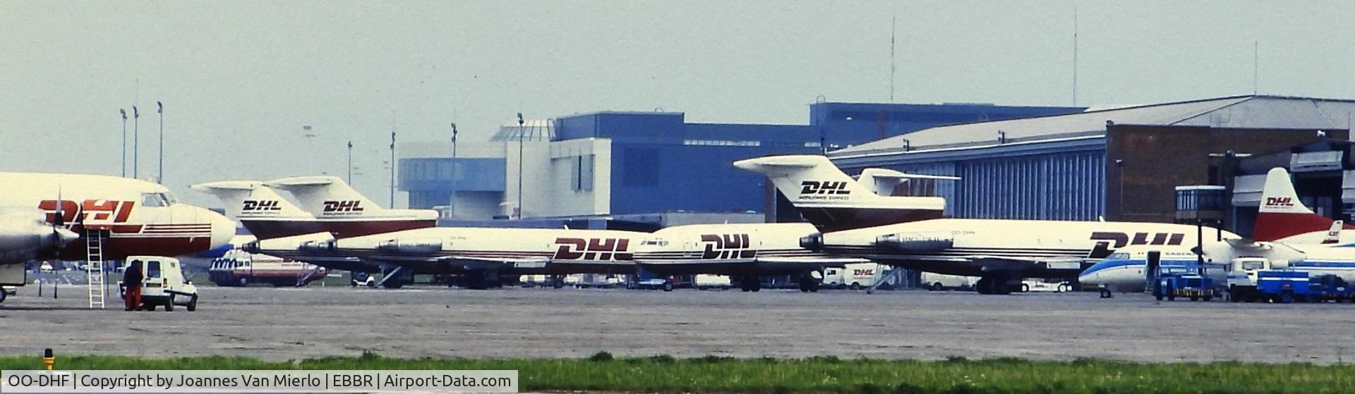 OO-DHF, 1954 Convair 580(F) C/N 147/012, DHL-fleet on a sunday-afternoon at the DHL-bru hub EBBR'90s ex-slide