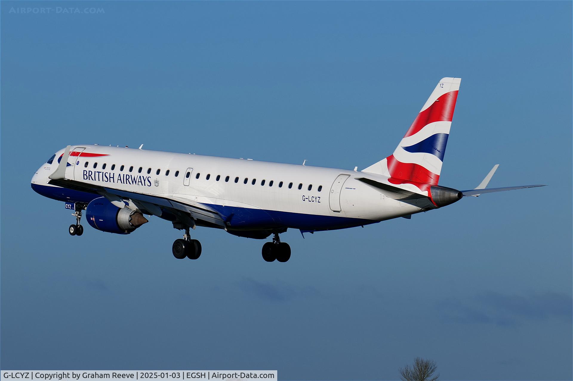 G-LCYZ, 2011 Embraer 190LR (ERJ-190-100LR) C/N 19000404, Landing at Norwich.