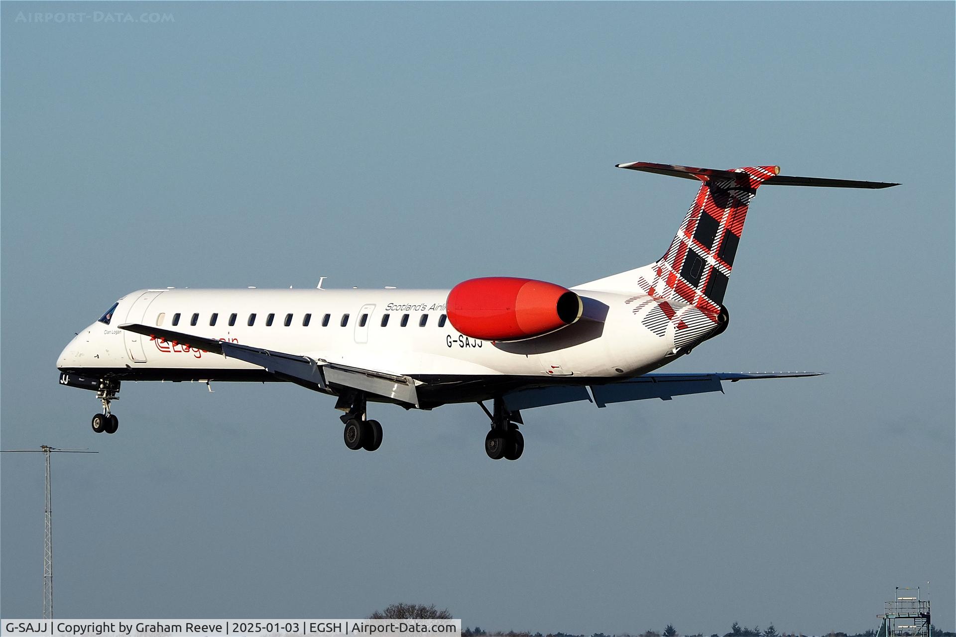 G-SAJJ, 1999 Embraer EMB-145EP (ERJ-145EP) C/N 145142, Landing at Norwich.