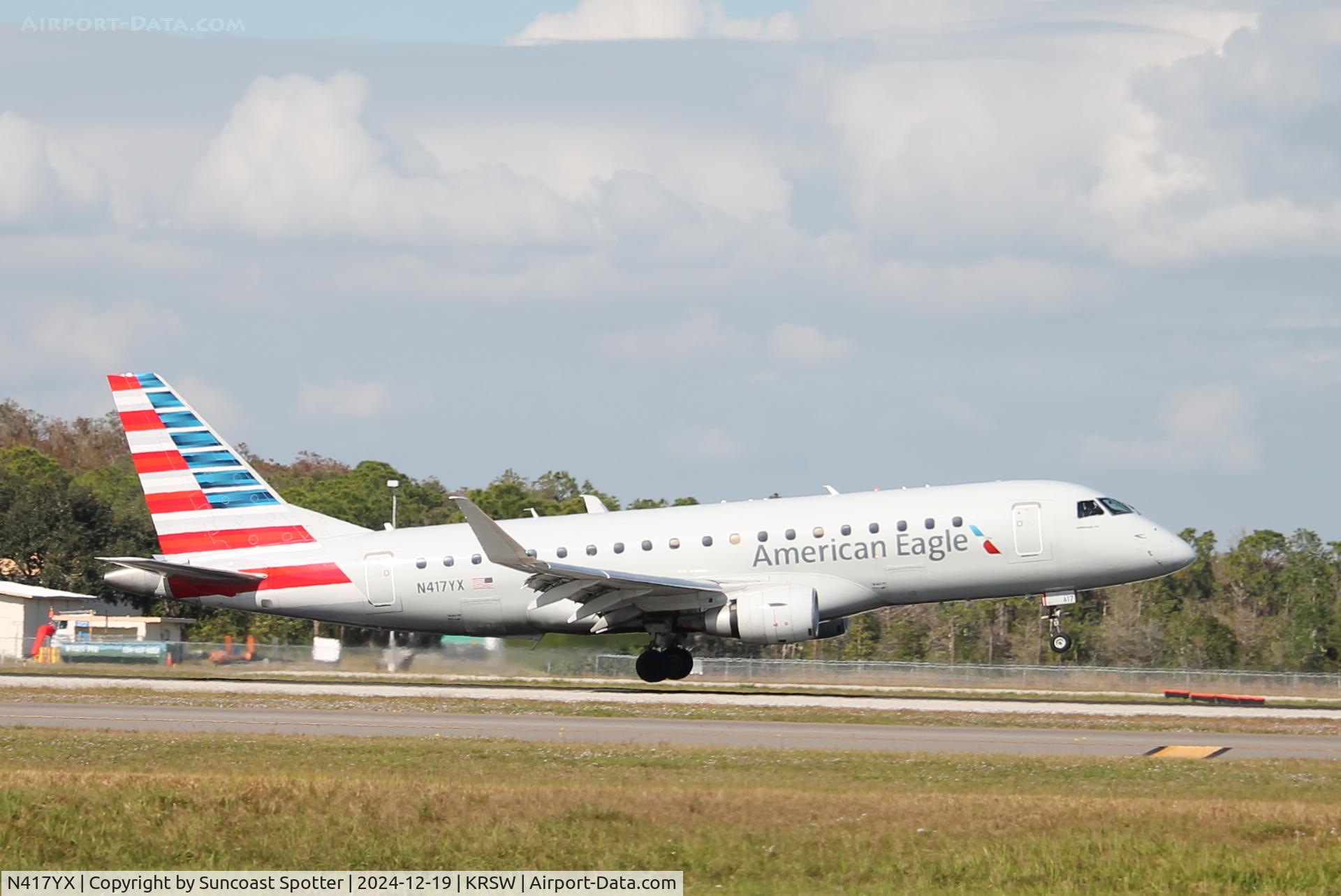 N417YX, 2013 Embraer 175LR (ERJ-170-200LR) C/N 17000382, American Flight 4524 operated by Republic arrives on Runway 6 at Southwest Florida International Airport following flight from Reagan National Airport