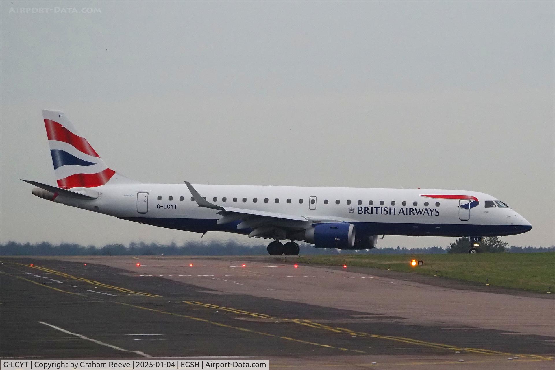 G-LCYT, 2014 Embraer 190SR (ERJ-190-100SR) C/N 19000670, Just landed at Norwich.