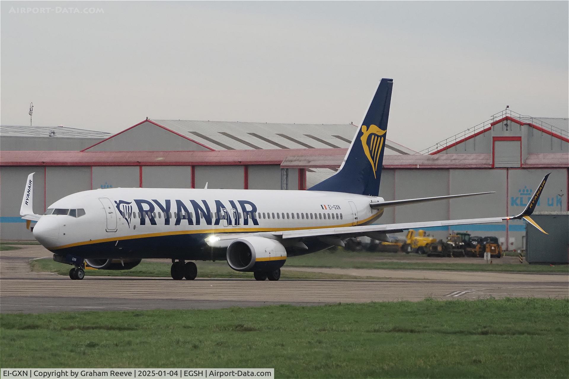 EI-GXN, 2018 Boeing 737-800 C/N 44856, Departing from Norwich.