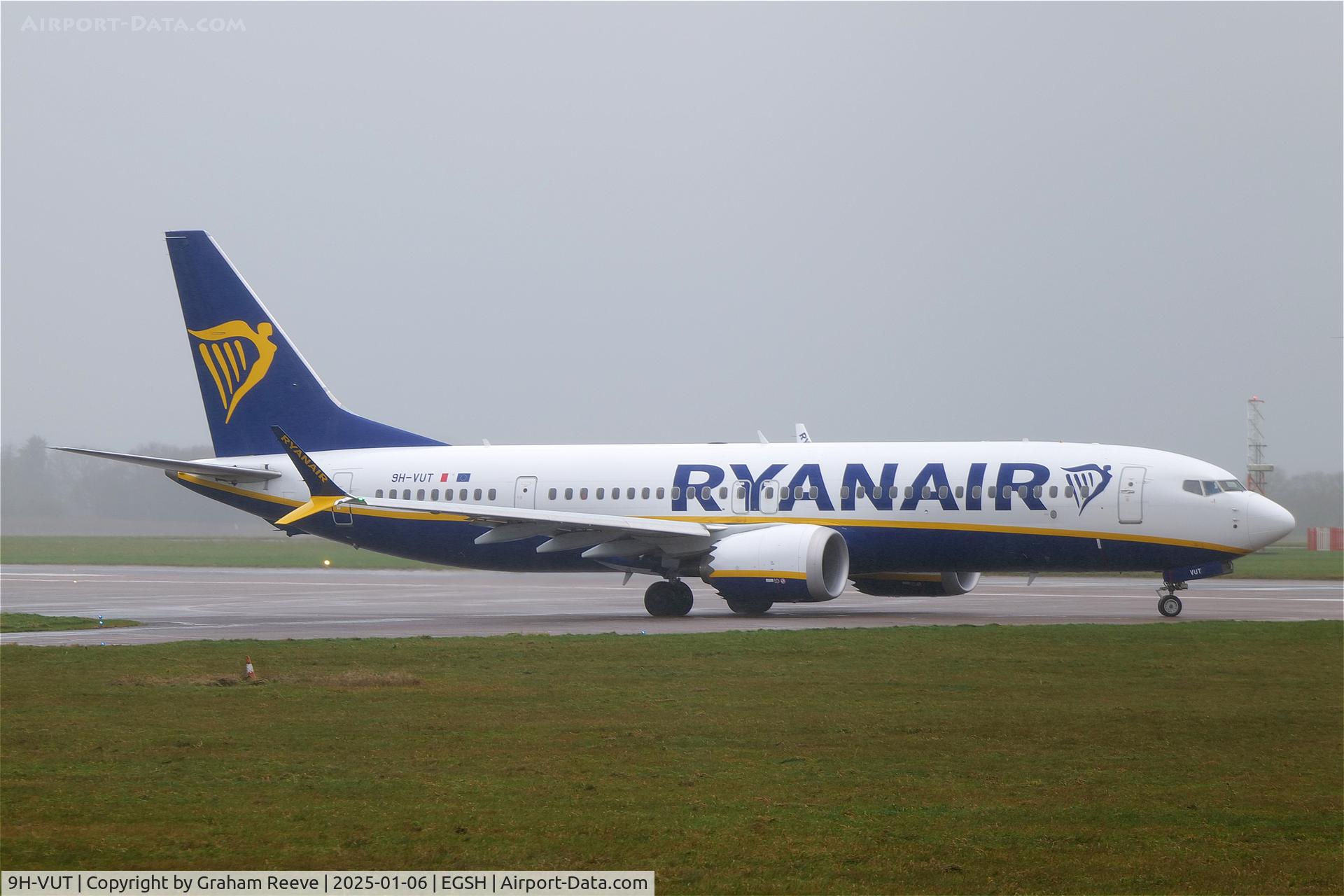 9H-VUT, 2021 Boeing 737-8-200 MAX C/N 65882, Departing from Norwich.