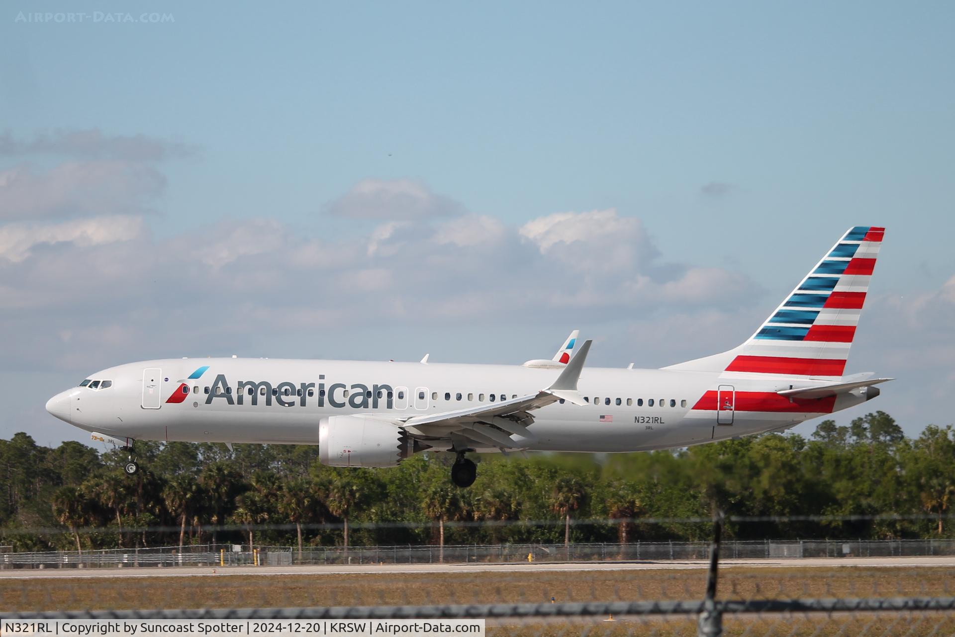 N321RL, 2018 Boeing 737-8 MAX C/N 44452, American Flight 1504 arrives on Runway 24 at Southwest Florida International Airport following flight from Chicago-O’Hare International Airport