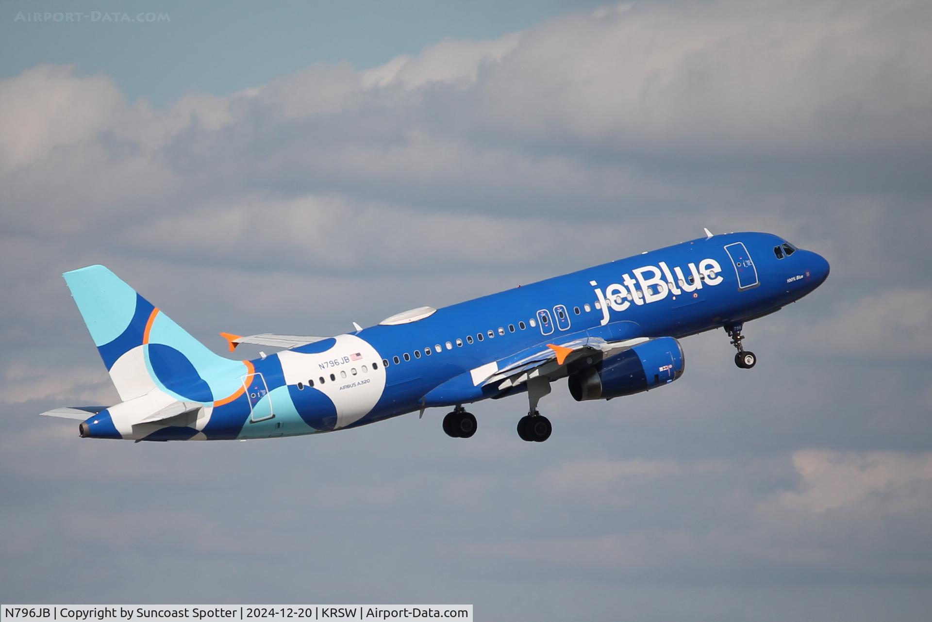 N796JB, 2012 Airbus A320-232 C/N 5060, JetBlue Flight 1892 departs Runway 6 at Southwest Florida International Airport enroute to TF Green International Airport