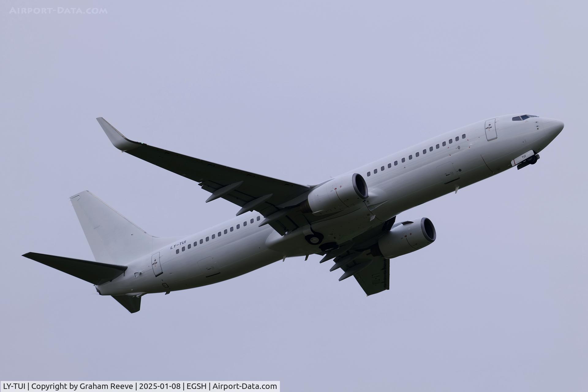 LY-TUI, 2004 Boeing 737-85P C/N 33974, Departing from Norwich.