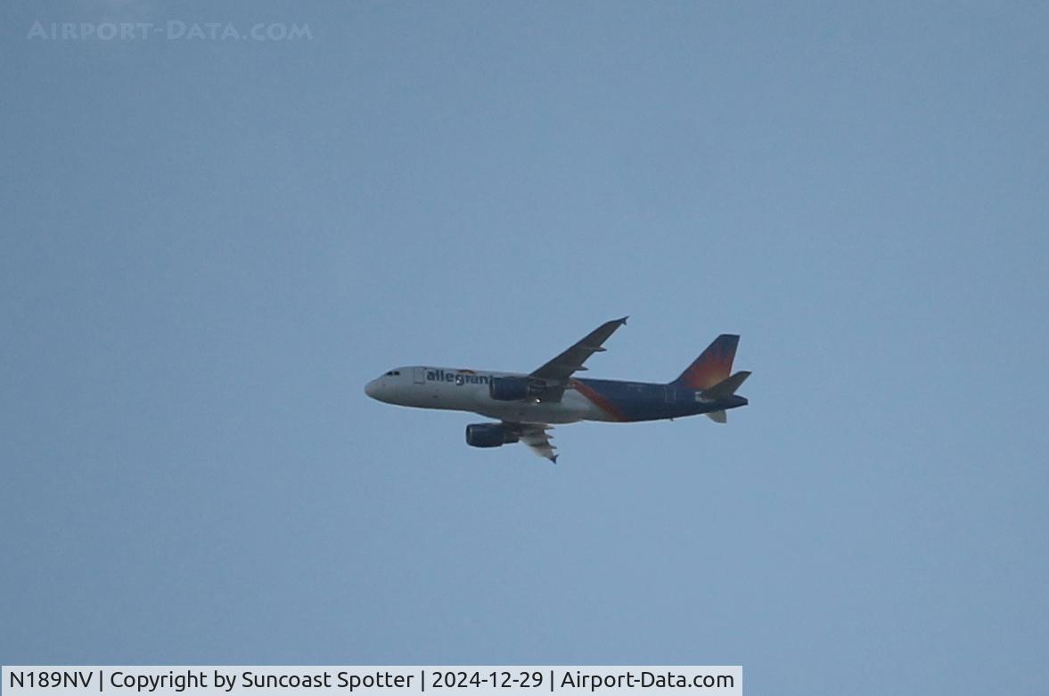 N189NV, 2013 Airbus A320-214 C/N 5687, Allegiant Flight 1353 flies over Englewood on approach to Punta Gorda Airport following a weather diversion on a flight from Plattsburgh International Airport to Sarasota-Bradenton International Airport