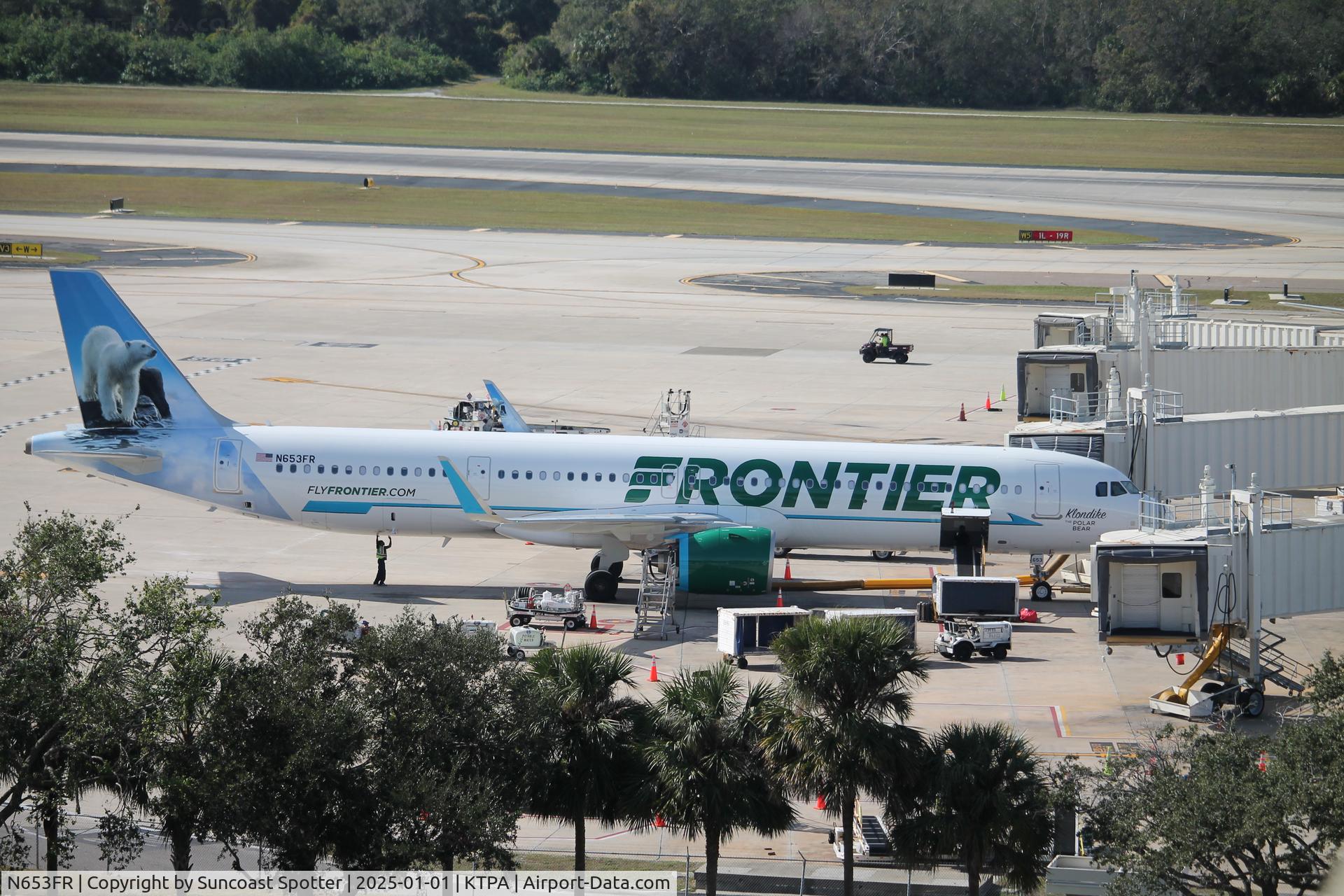 N653FR, 2024 Airbus A321- 271NX C/N 12104, Frontier Flight 2894 sits at the gate at Tampa International Airport preparing for flight to Burlington International Airport