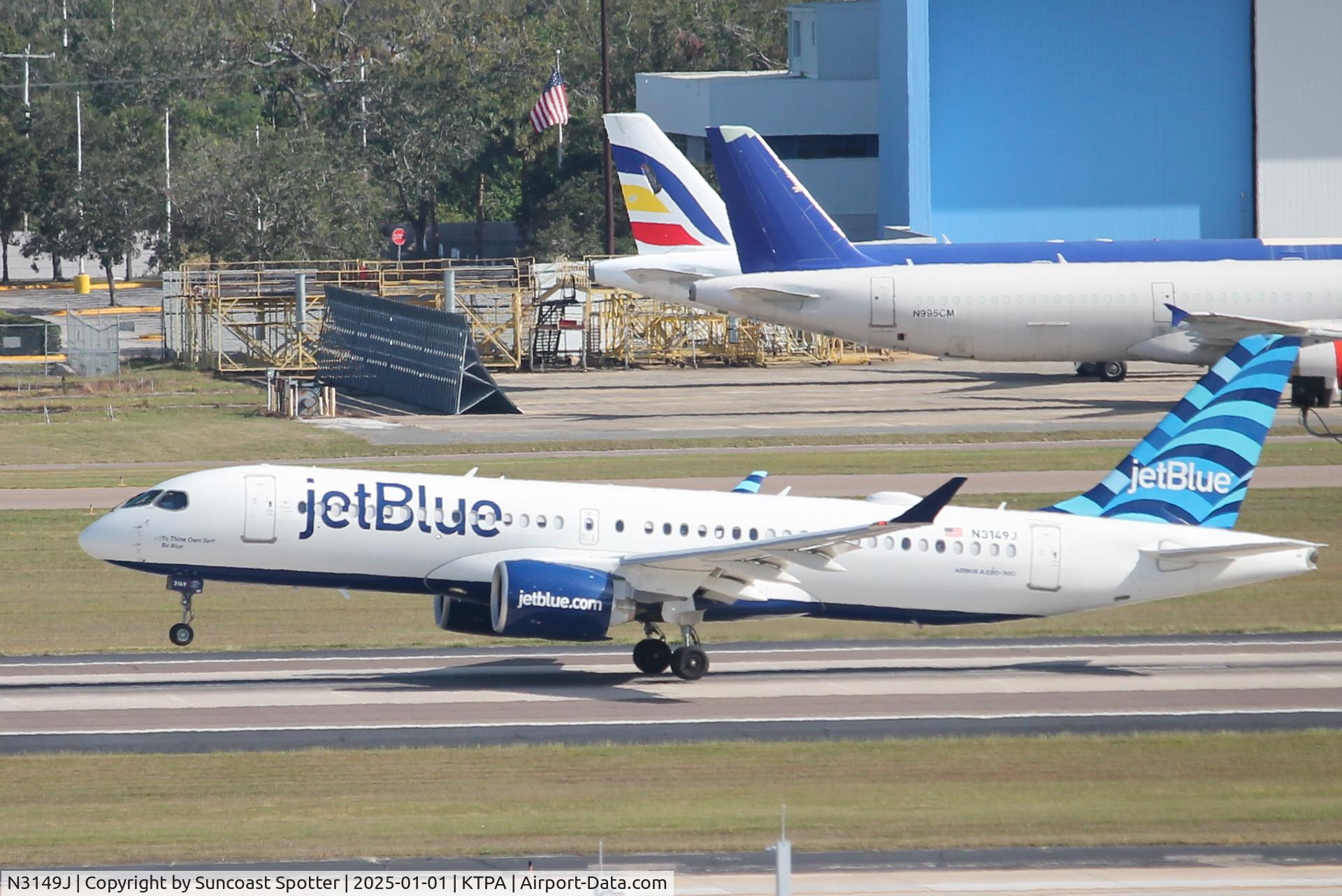 N3149J, 2023 Airbus A220-300 C/N 55254, JetBlue Flight 892 departs Runway 1R at Tampa International Airport enroute to Boston-Logan International Airport
