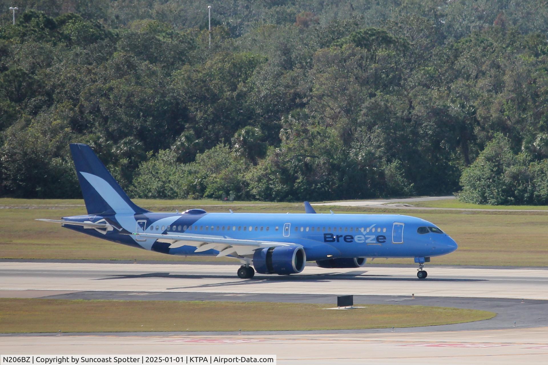 N206BZ, 2022 Airbus A220-300 C/N 55143, Breeze Flight 131 arrives on Runway 1L at Tampa International Airport following flight from Dane County Regional Airport
