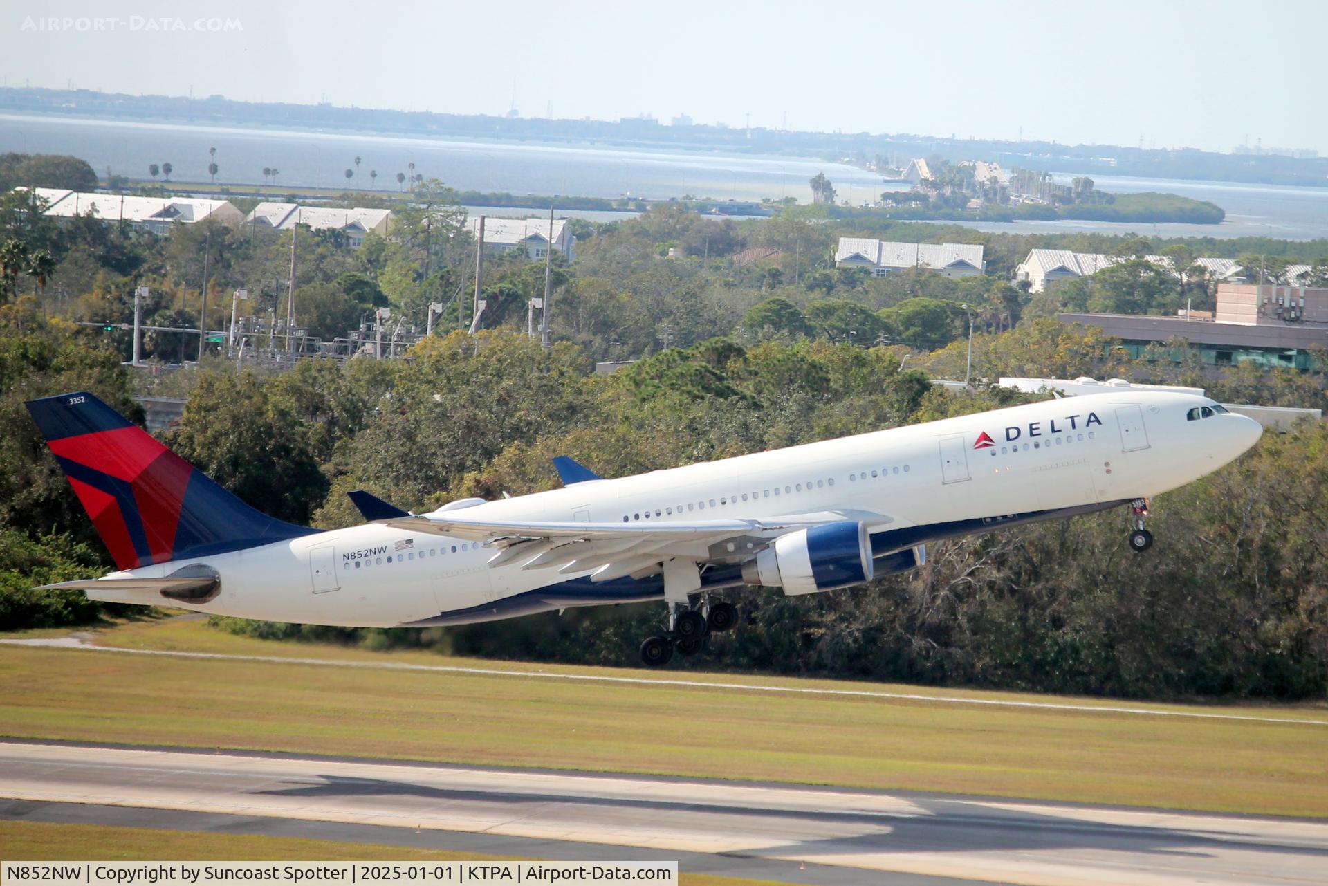 N852NW, 2004 Airbus A330-223 C/N 0614, Delta Flight 1099 departs Runway 1L at Tampa International airport enroute to Hartsfield-Jackson Atlanta International Airport