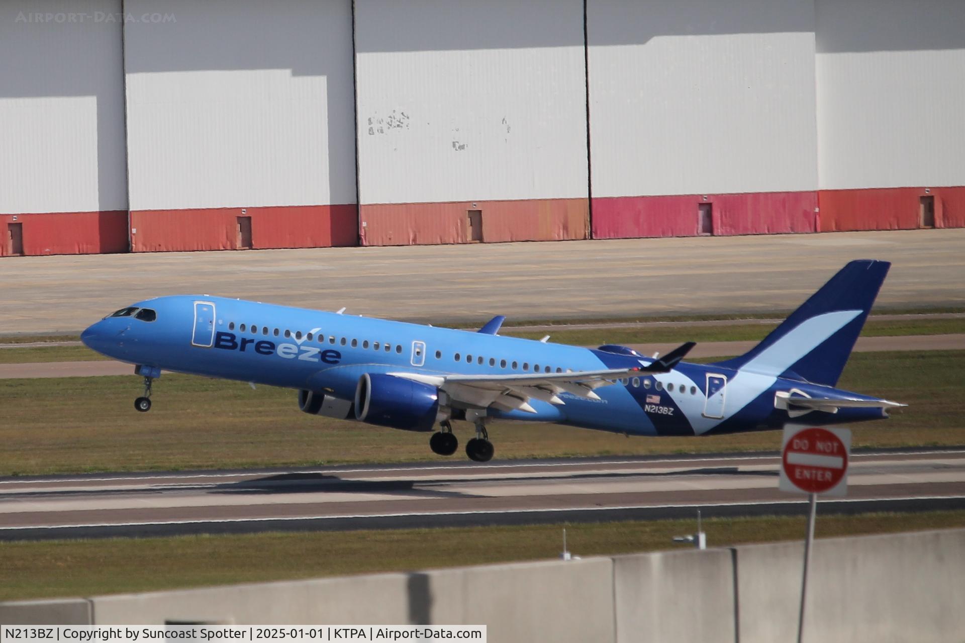 N213BZ, 2022 Airbus A220-371 C/N 55156, Breeze Flight 501 departs Runway 1R at Tampa International airport enroute to Charleston International Airport