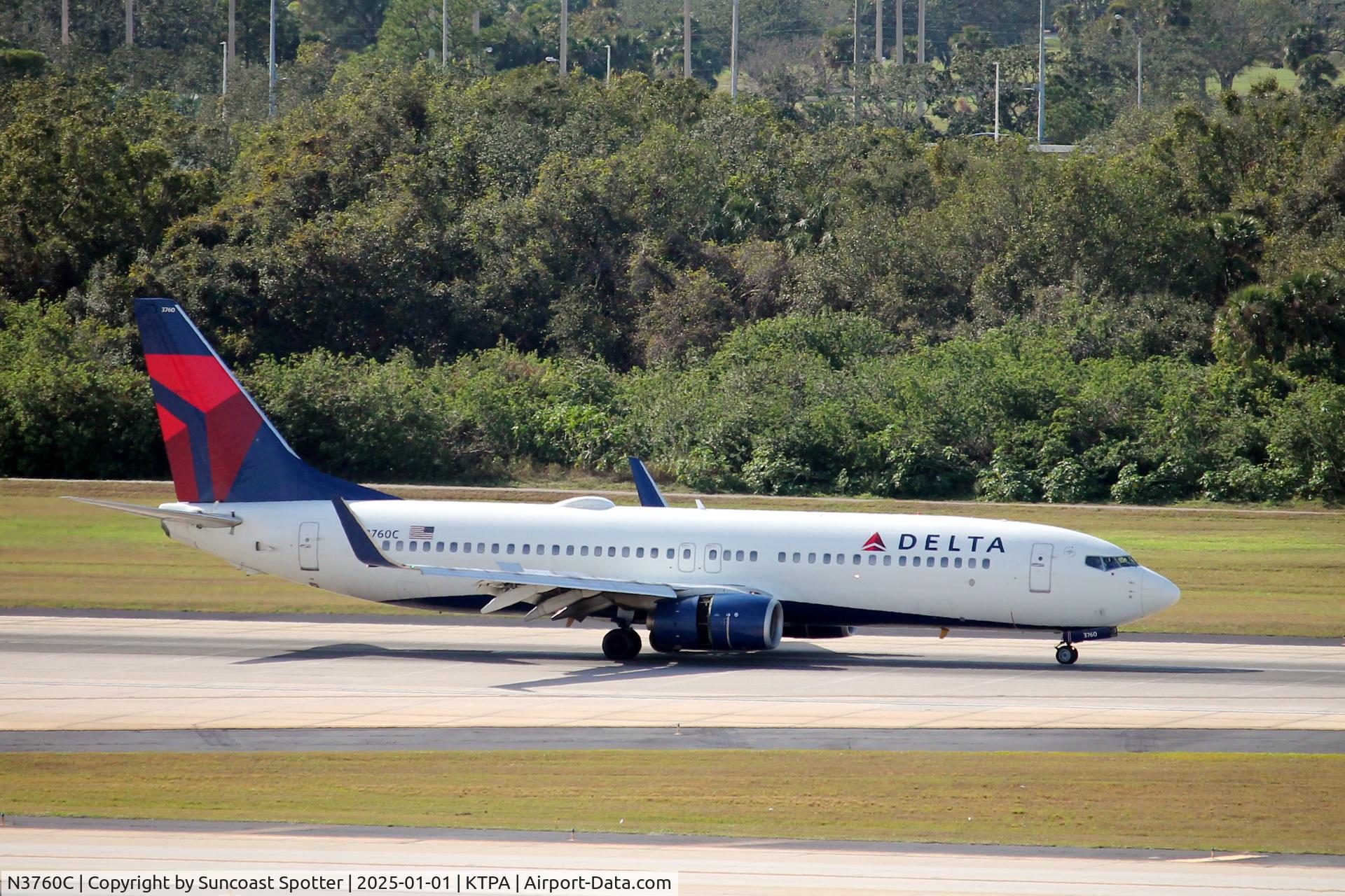 N3760C, 2001 Boeing 737-832 C/N 30816, Delta Flight 2454 arrives on Runway 1L at Tampa International Airport following flight from LaGuardia Airport