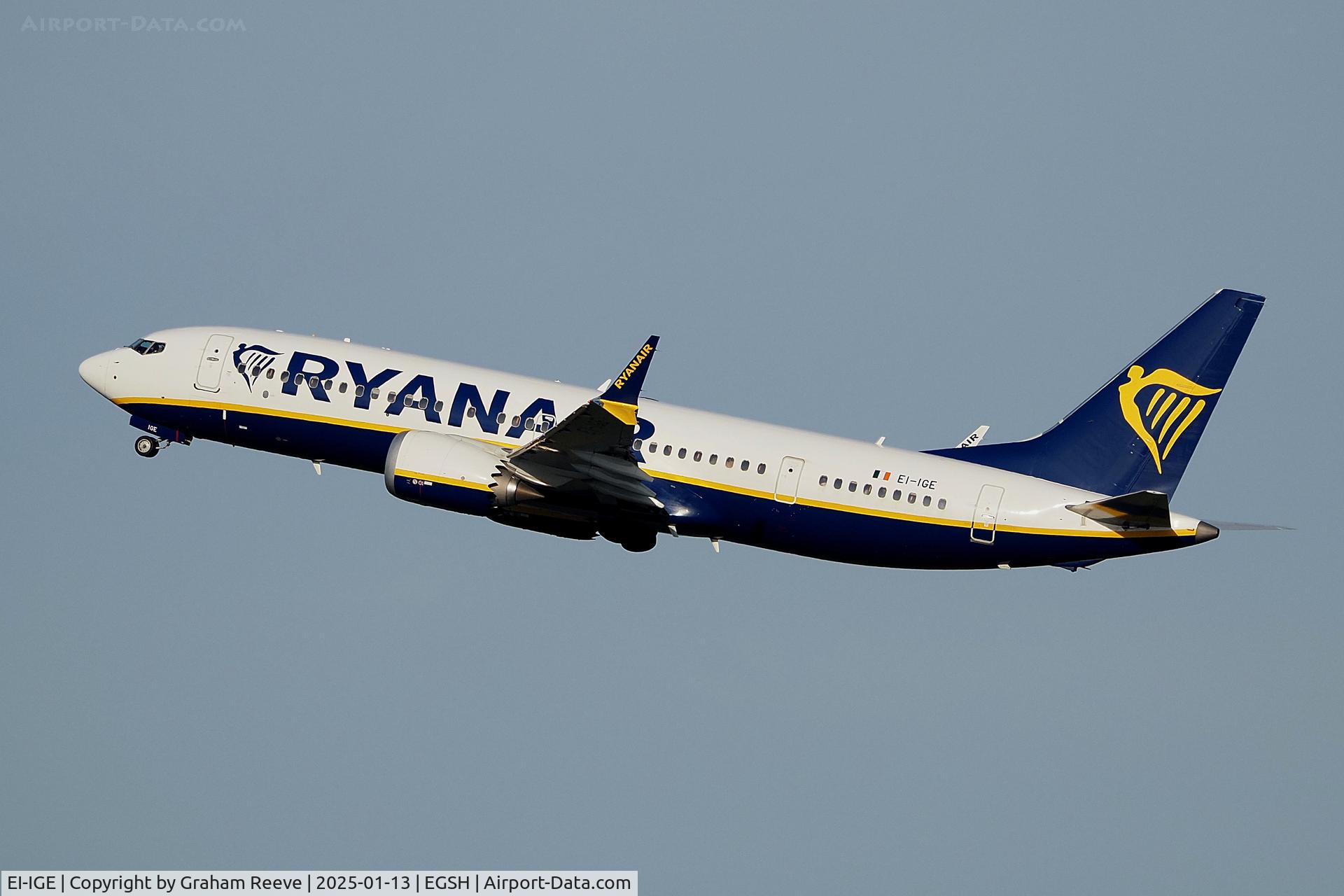EI-IGE, 2023 Boeing 737-8-200 MAX C/N 67071, Departing from Norwich.