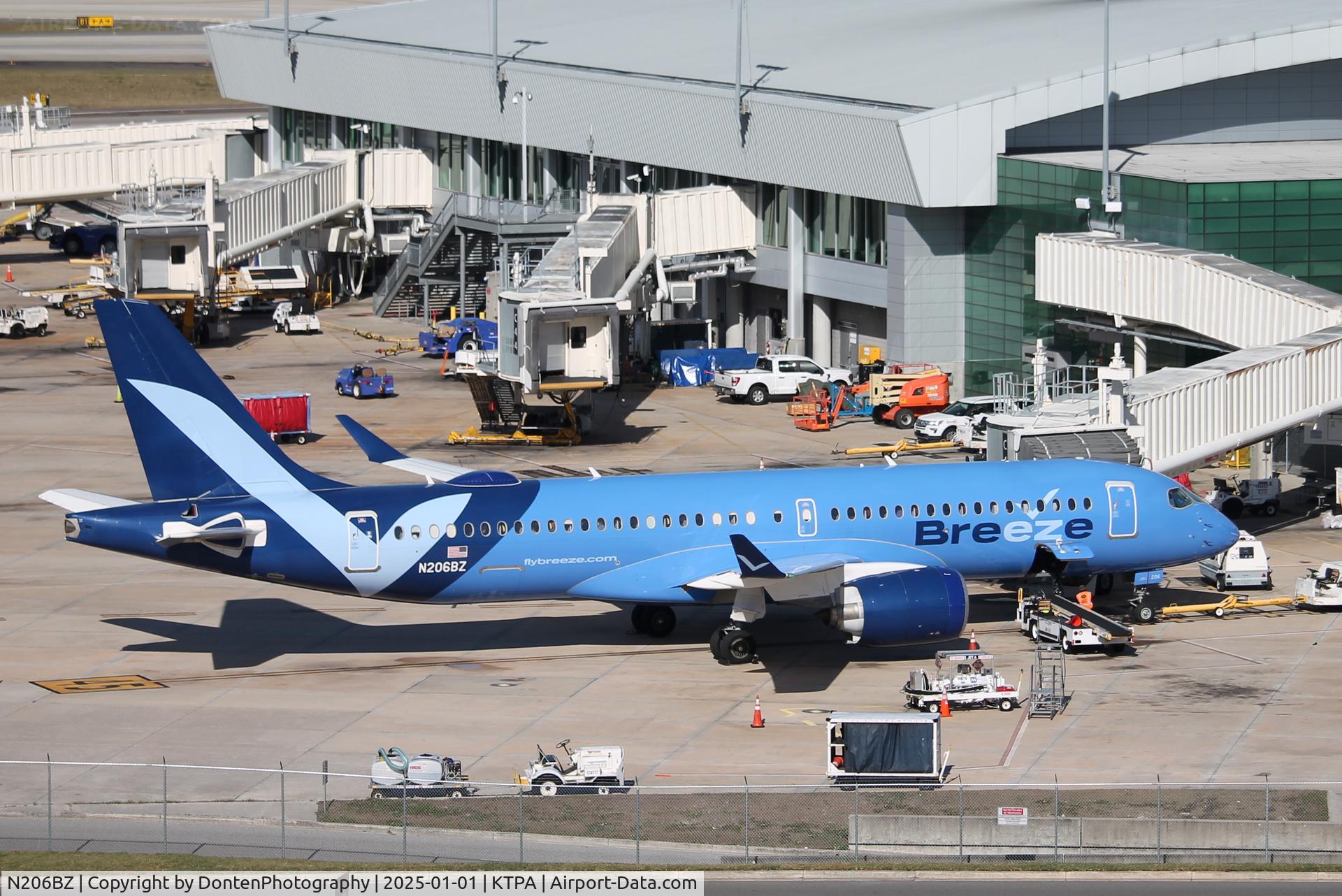 N206BZ, 2022 Airbus A220-300 C/N 55143, Breeze Flight 114 sits at the gate at Tampa International Airport preparing for flight to Burlington International Airport