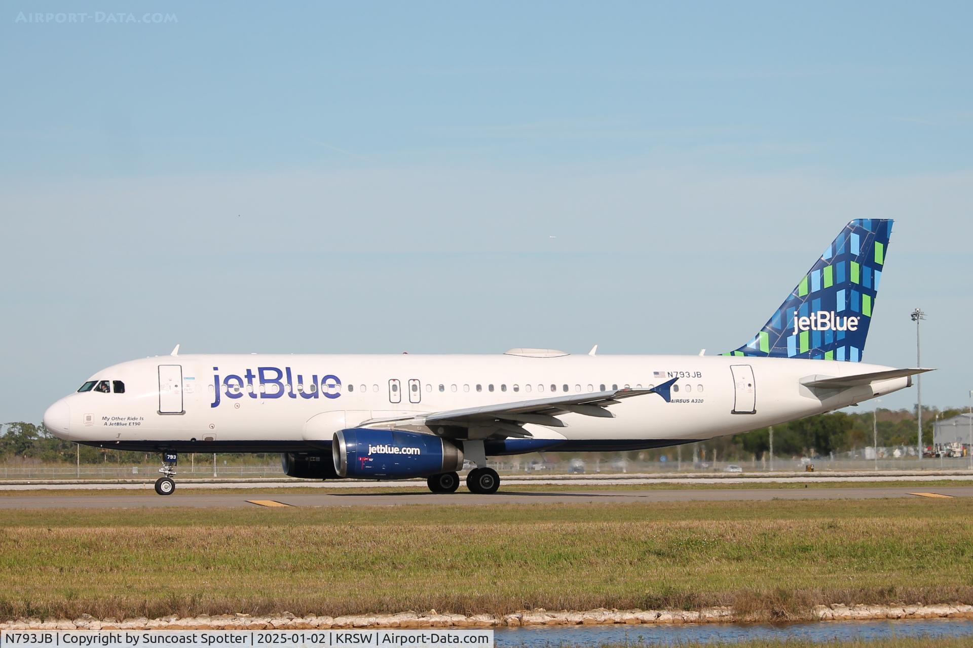 N793JB, 2011 Airbus A320-232 C/N 4647, JetBlue Flight 2834 taxis at Southwest Florida International Airport prior to flight to Worcester County Airport
