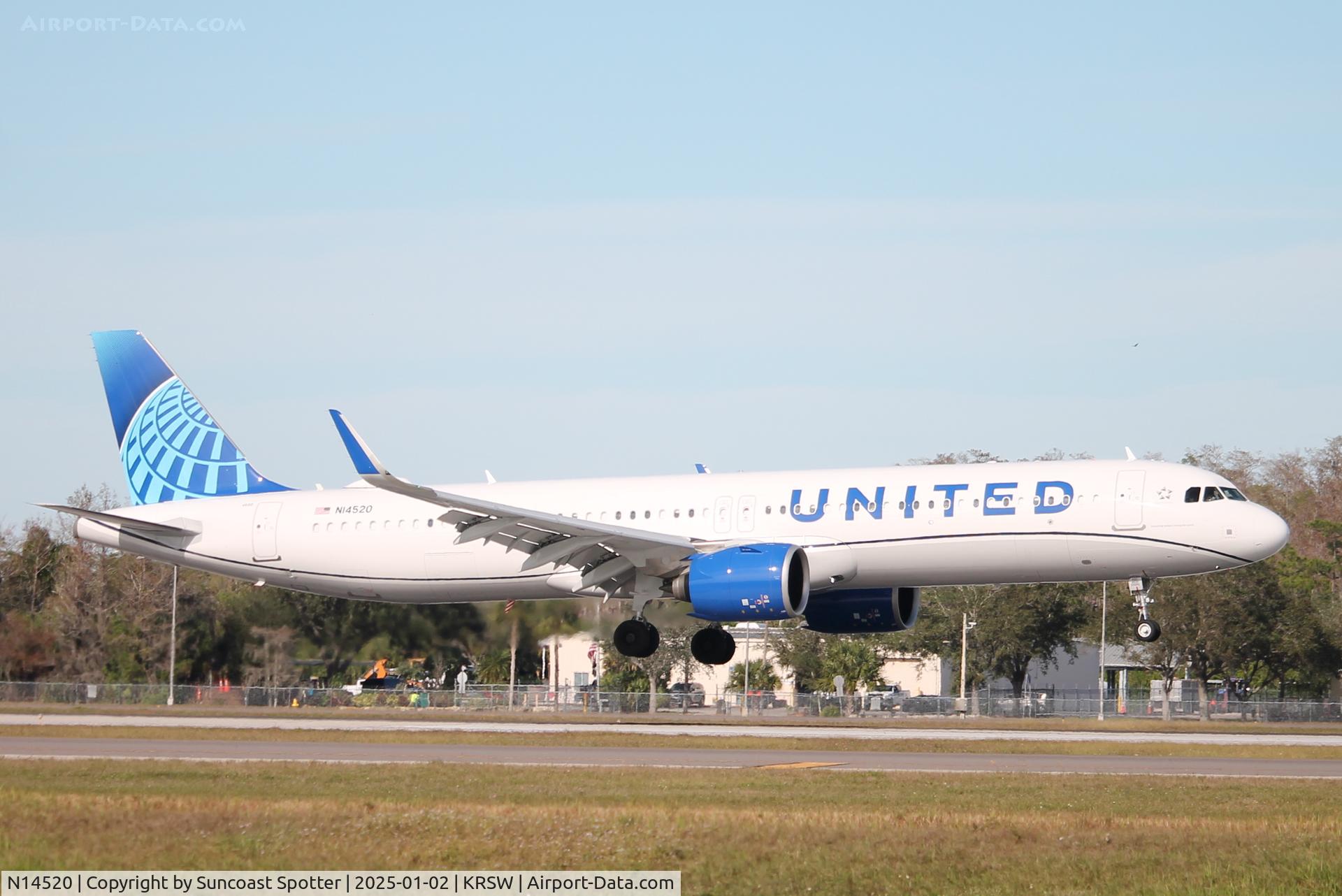 N14520, 2024 Airbus A321-271NX C/N 12103, United Flight 1740 arrives on Runway 6 at Southwest Florida International Airport following fight from Chicago-O’Hare International Airport