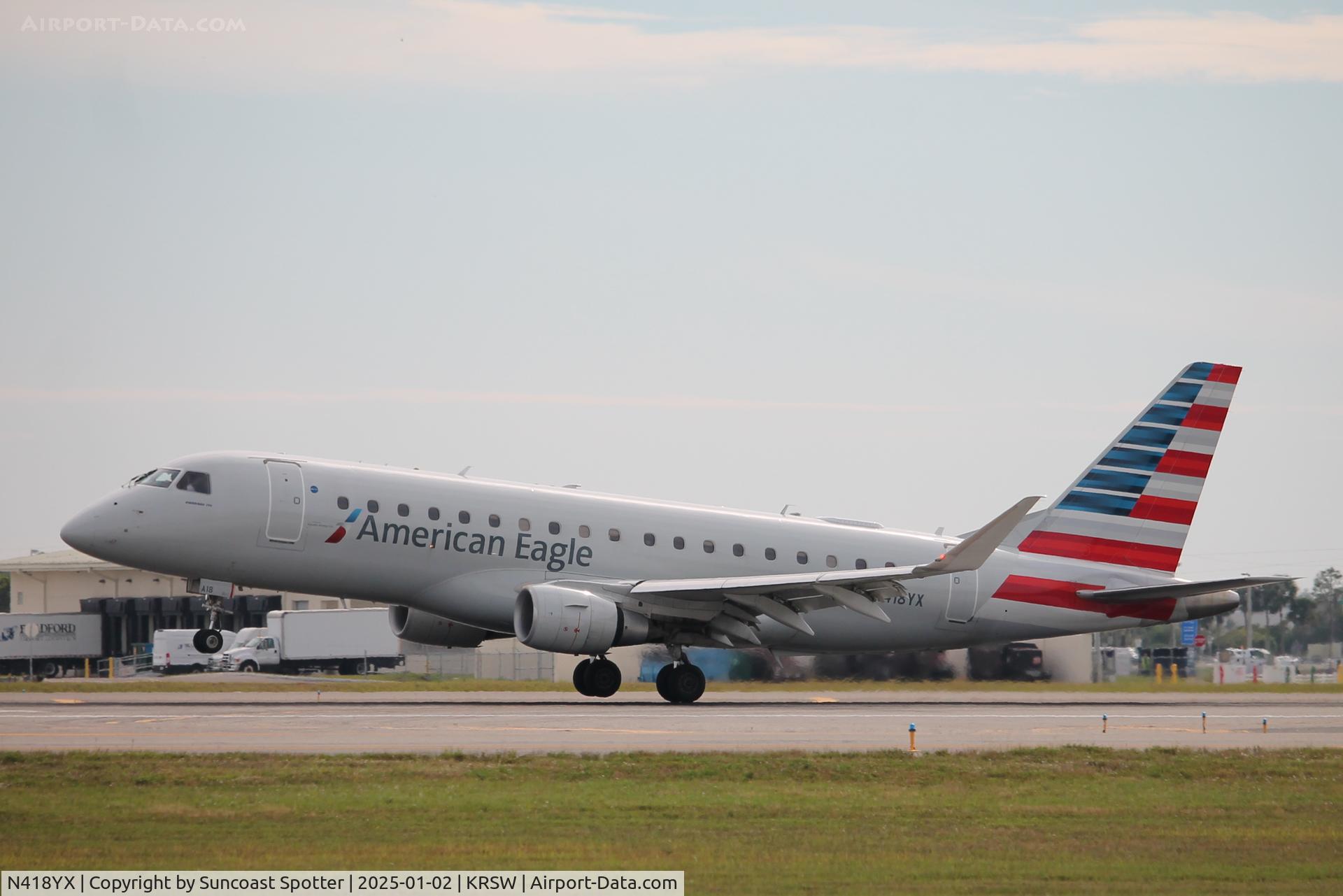 N418YX, 2013 Embraer 175LR (ERJ-170-200LR) C/N 17000383, American Flight 4492 operated by Republic arrives on Runway 6 at Southwest Florida International Airport following flight from Reagan National Airport