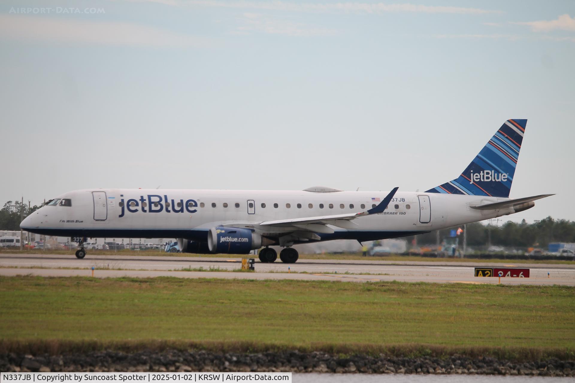 N337JB, Embraer ERJ-190-100 IGW 190AR C/N 19000473, JetBlue Flight 466 departs Runway 6 at Southwest Florida International Airport following flight from Boston-Logan International Airport