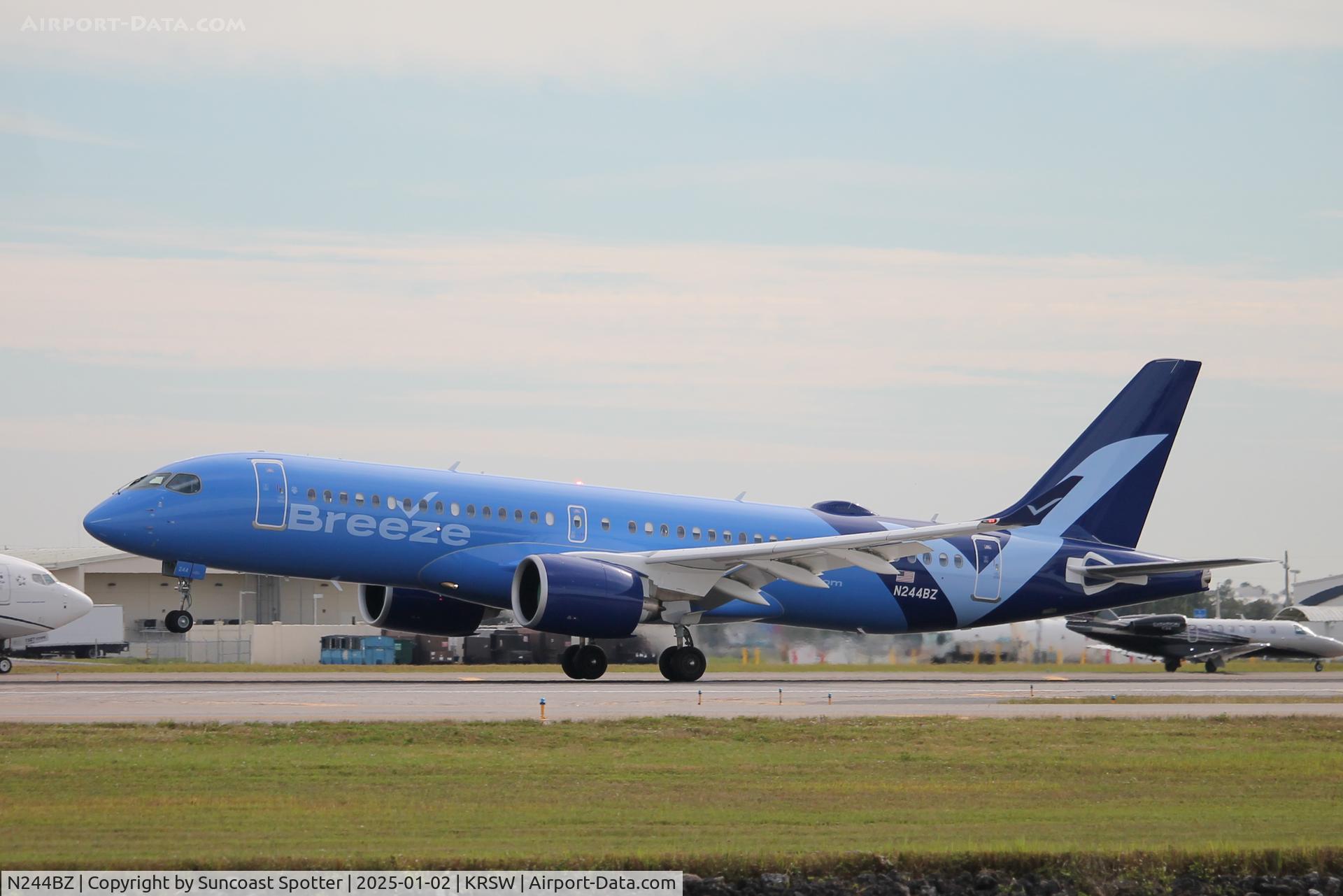 N244BZ, 2024 Airbus A220-371 C/N 55318, Breeze Flight 743 arrives on Runway 6 at Southwest Florida International Airport following flight from Columbus-John Glenn International Airport