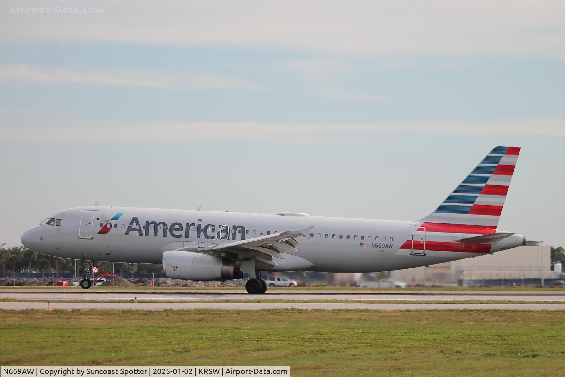 N669AW, 2002 Airbus A320-232 C/N 1792, American Flight 2899 arrives on Runway 6 at Southwest Florida International Airport following flight from Philadelphia International Airport