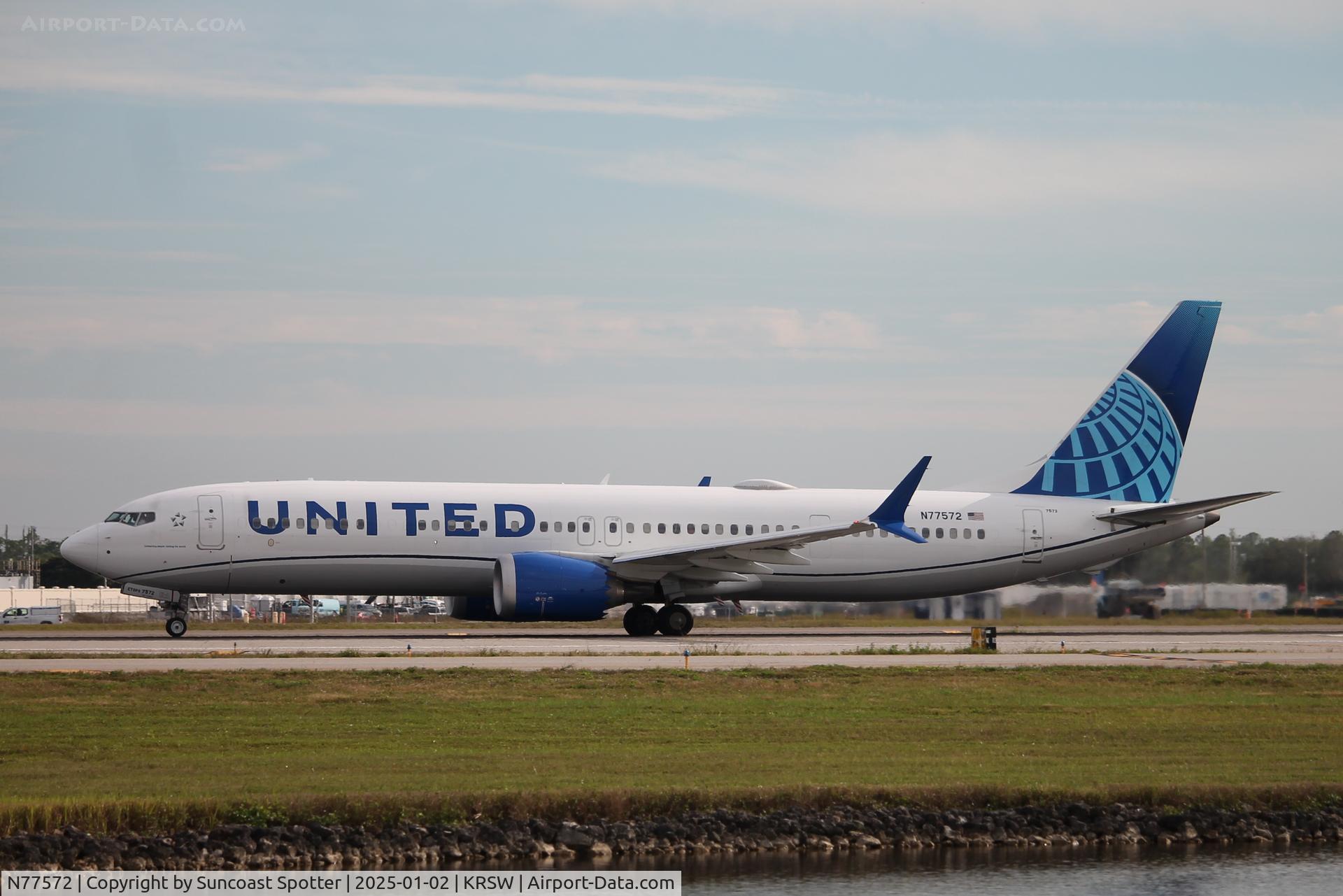 N77572, 2023 Boeing 737-9 MAX C/N 67192, United Flight 688 departs Runway 6 at Southwest Florida International Airport enroute to Washington-Dulles International Airport