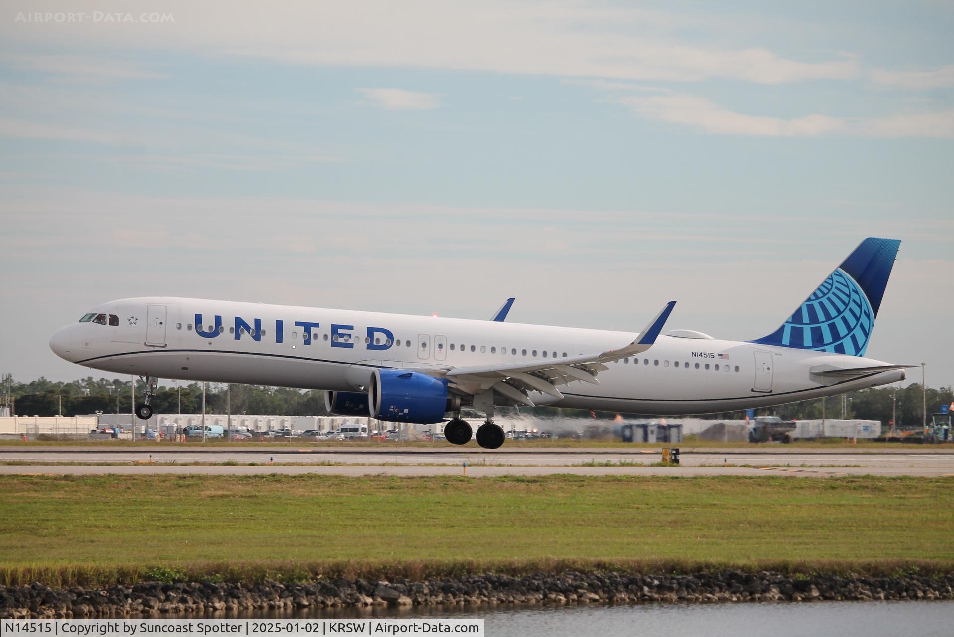 N14515, 2024 Airbus A321-271NX C/N 12049, United Flight 2389 arrives on Runway 6 at Southwest Florida International Airport following flight from Chicago-O’Hare International Airport
